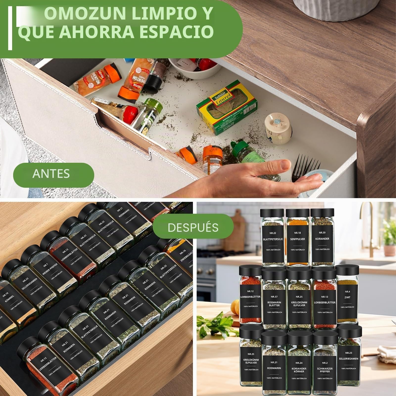 Juego de 24 tarros de especias rectangulares con etiquetas: tarros pequeños de cristal de 120 ml con bandeja para esparcir, etiquetas resistentes al agua, almacenamiento de especias para el cajón de