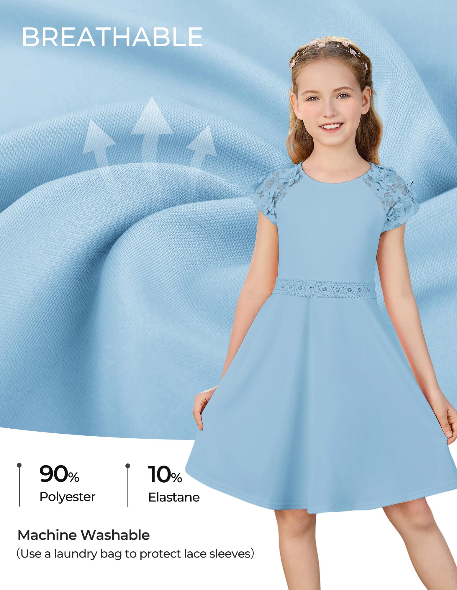 GRACE KARIN Mädchen Midikleid Sommer Einfarbig Rundhals Festliches Kleid Mit Blumen