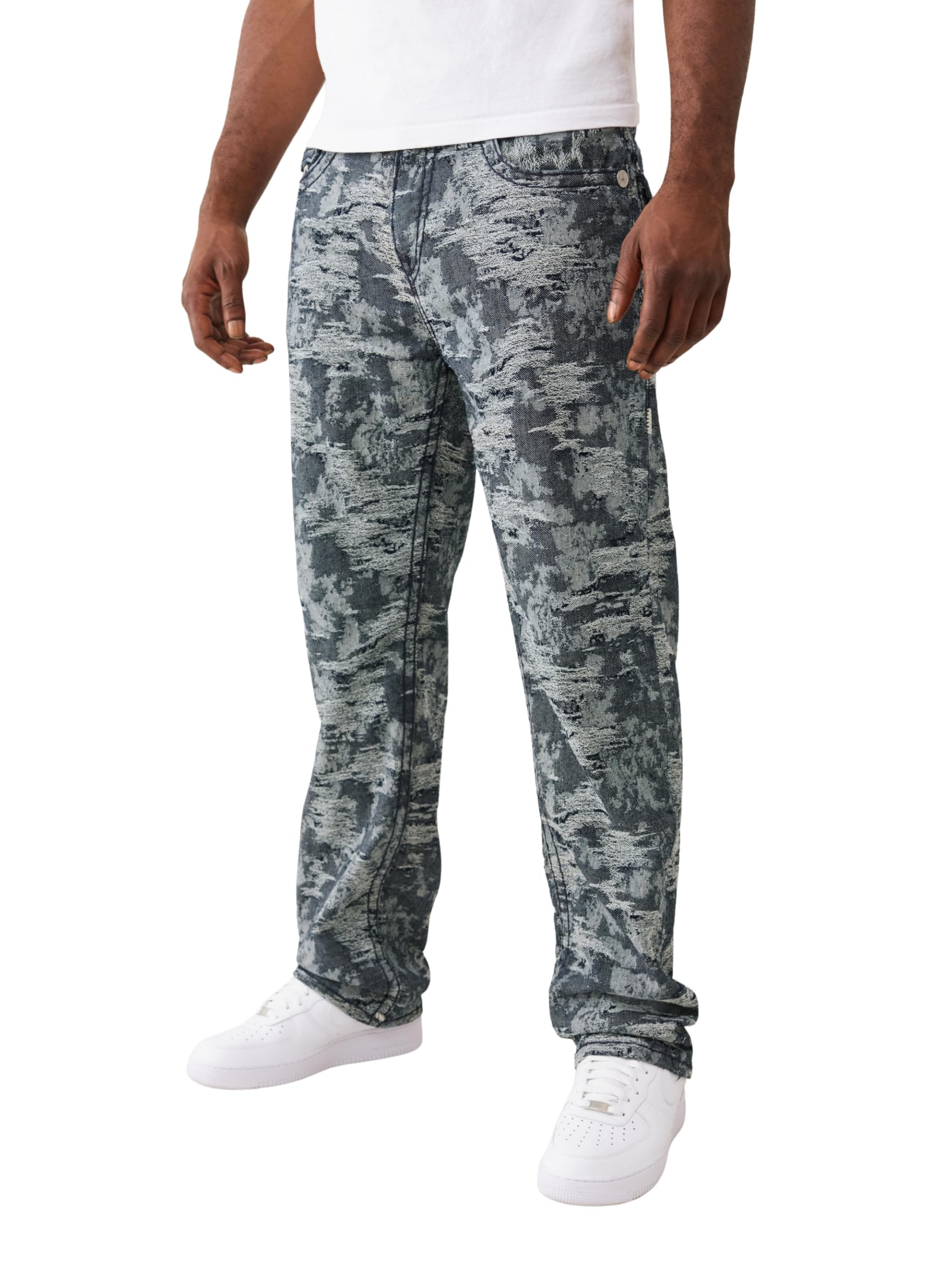 True Religion Mens Jacquard Bobby Super T Flap Jeans 32 Inseam Relaxed Bootcut Denim with Patterned Finish