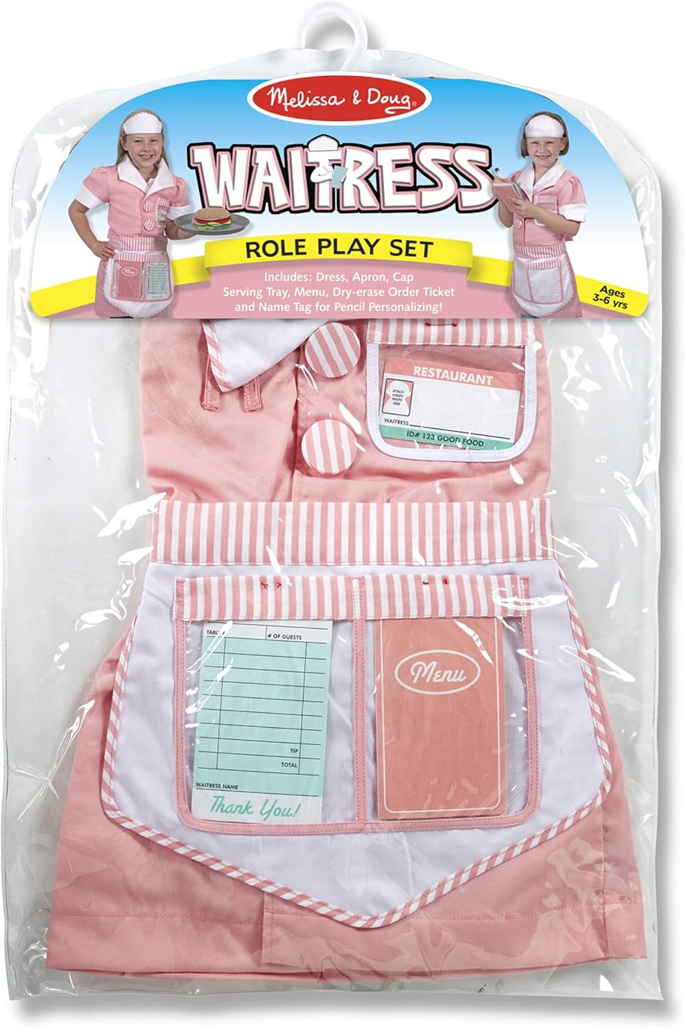 Melissa & Doug Waitress Role Play Costume Set (7 pcs) - Includes Apron, Order Pad, Cap Pink 3-6 years : Melissa & Doug: Toys & Games