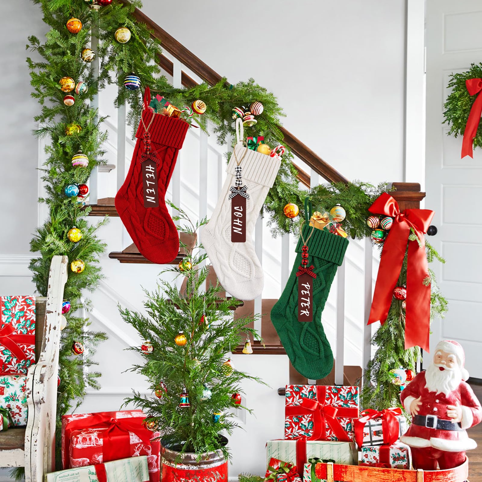 Lot de 6 chaussettes de Noël en tricot torsadé avec étiquettes nominatives pour les fêtes, Noël, décoration familiale (rouge, blanc, vert) - 45,7 cm
