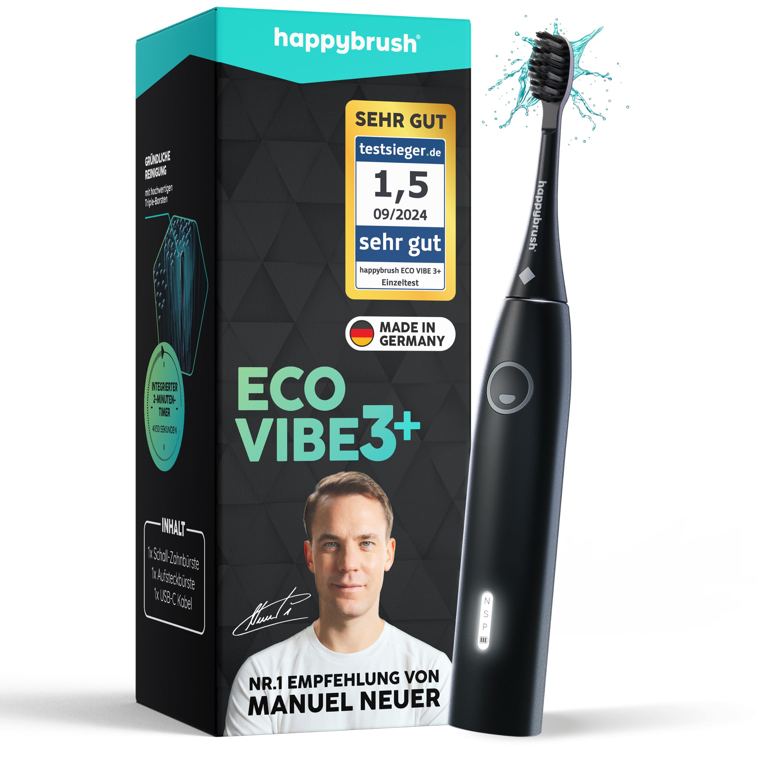 happybrush Allblack Eco Vibe 3+ - Cepillo de dientes eléctrico con batería de 8 semanas