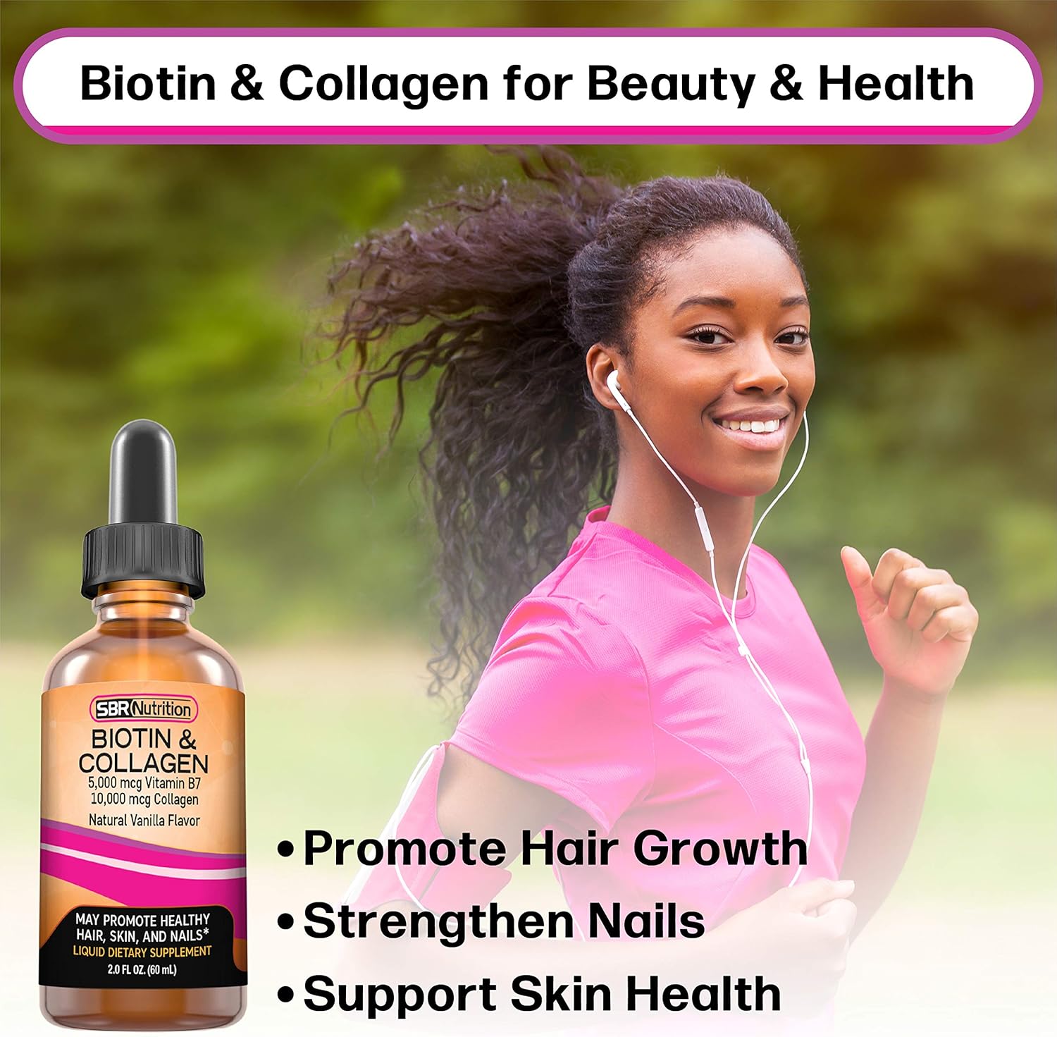 SBR Nutrition Biotin and Collagen Liquid Daily Dietary Supplement, Vitamins for Hair Growth and Thickening, Skin Health and Nail Strength, 2 oz (60mL) - Image 6