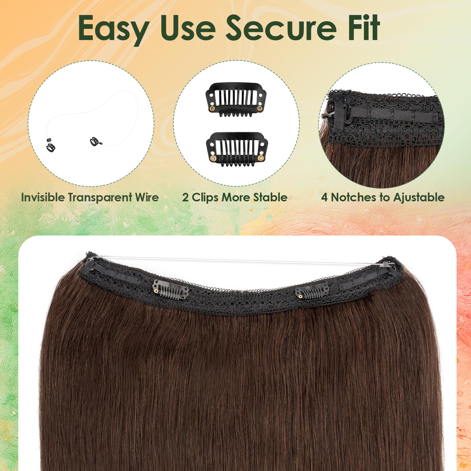 Benehair #2 Dark Brown Real Hair Secret Wire Extensions Remy Human Invisible Wire Hair Extensions with Clips Adjustable One Piece Straight 12 Inches (55g) - Image 3