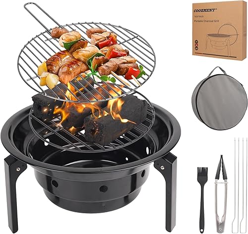 Parrilla de carbón portátil con bolsa de transporte, parrilla de barbacoa de campamento, parrilla de barbacoa de cocina al aire libre de 14.4