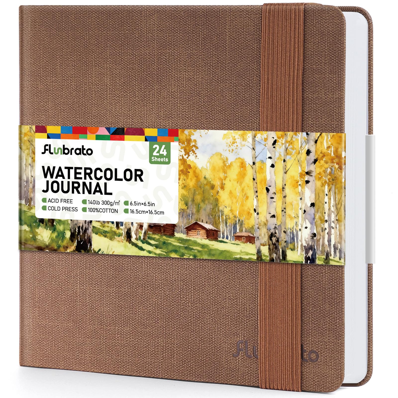 Watercolor Journal 6.5"x6.5"- 100% Cotton, 24 Sheets 48 Pages,140LB/300GSM Cold Press, with Inner Pocket and Wide Elastic Band - Perfect for Watercolor, Gouache, Acrylic, Ink & Mixed Media