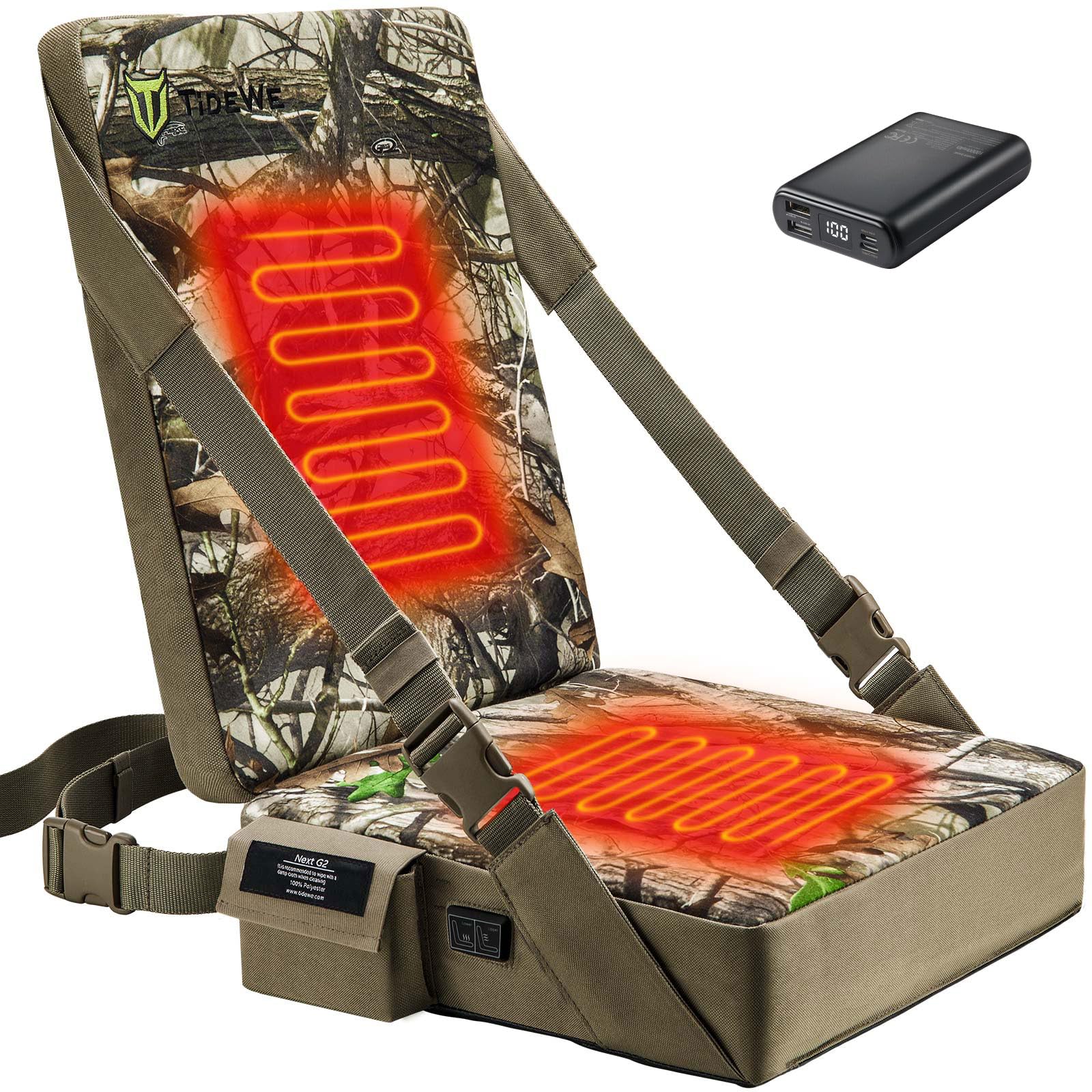 TIDEWE Heated Hunting Seat Cushion with Backrest & Power Bank | Self-Supporting Water-Resistant Seat for Tree Stands, Warm Portable Pad for Hunting, Camping & Fishing, 3 Heat Levels