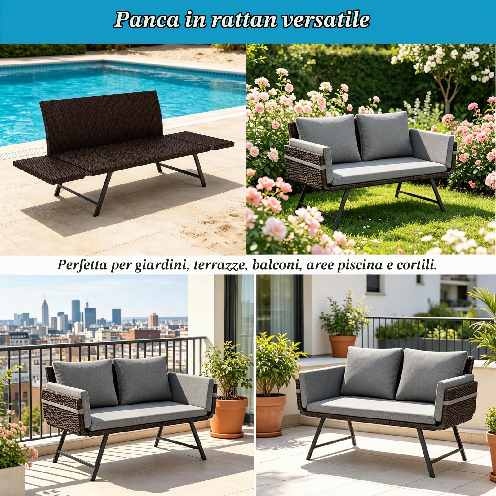 Divano da giardino a 2 posti con funzione allungata, divano regolabile, braccioli pieghevoli, divano letto esterno con cuscino, panca da giardino in polyrattan per mobili da balcone, terrazza