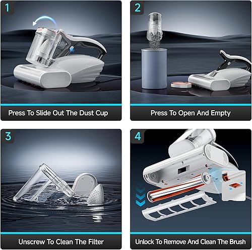 Miniatura 5 de uwant Aspiradora de colchón de 450 W, 16 Kpa, 36000 RPMMIN con calefacción de 149  y ultrasónica, doble taza de polvo, aspiradoras de colchón con