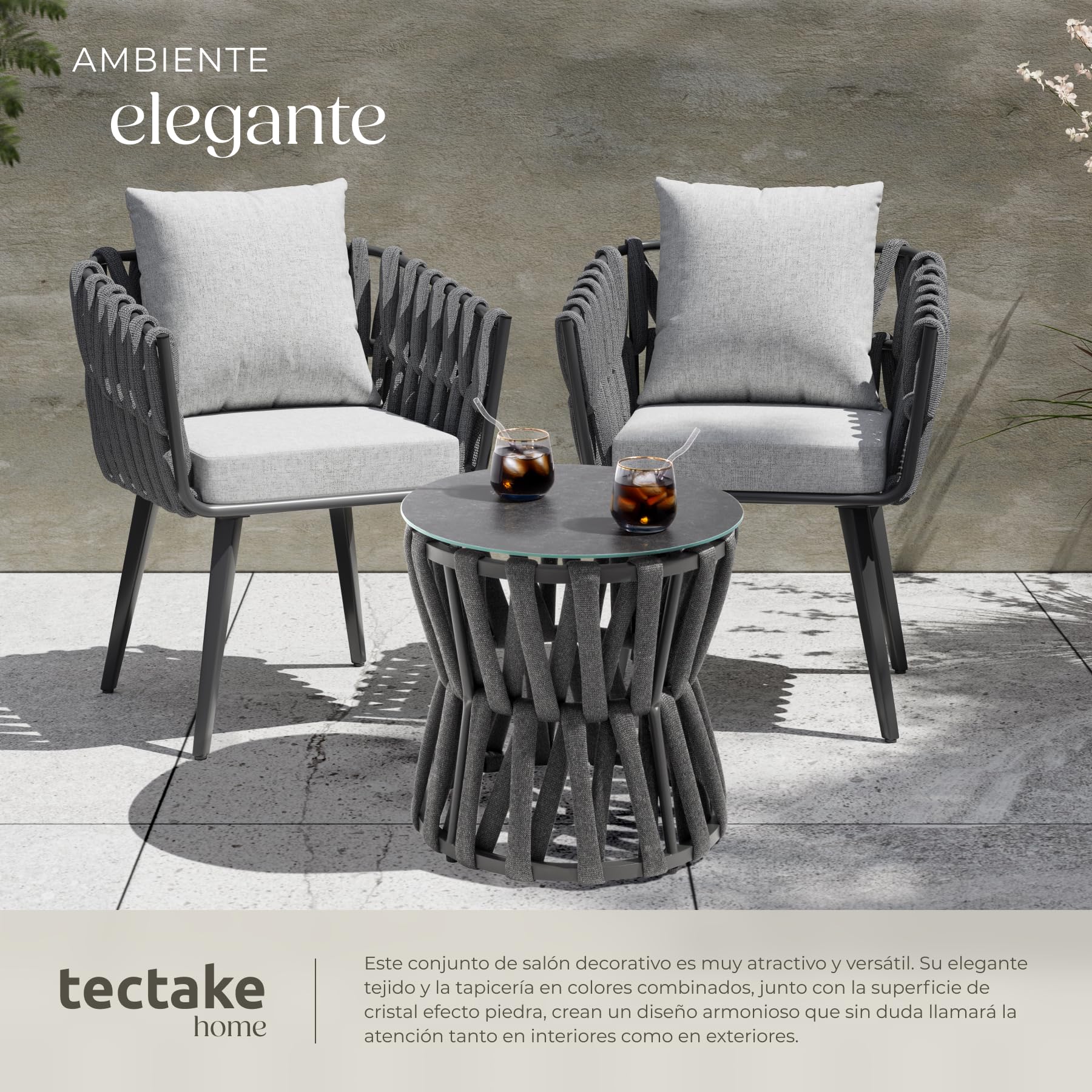 tectake® Conjunto Jardin Exterior con Mesa Terraza Exterior y Silla Ratan de Aluminio, Muebles de Terraza Resistentes, Muebles de Jardin - 2 Sillas y 1 Mesa