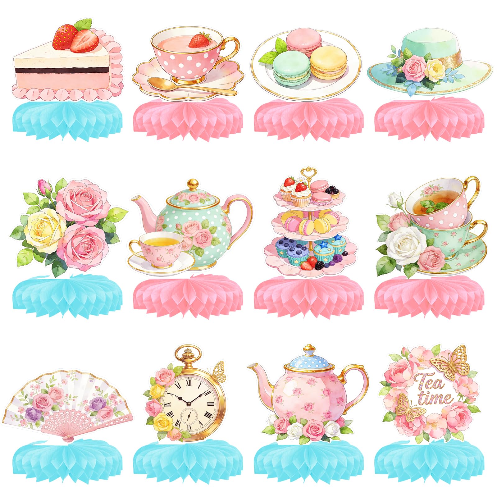 12Pcs Floral Tea Party Decorations - Honeycomb Ball Centerpieces for Tables | Vintage Elegant Teapot, Clock & Fan Designs | Easy Setup Cardboard Decor for Bridal Shower Party Favors