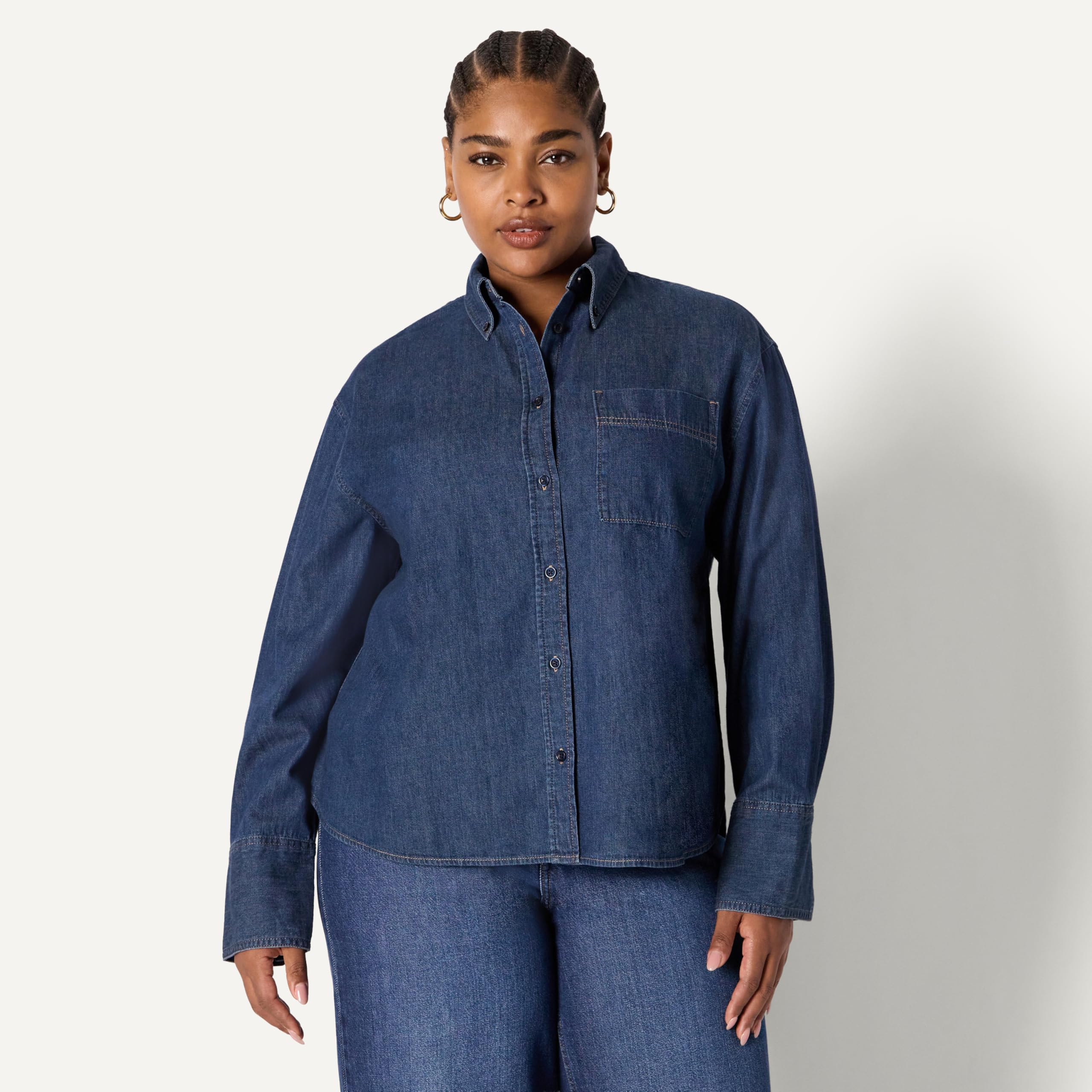 Amazon Essentials Camicia Button Down in Denim, Vestibilità Oversize Donna