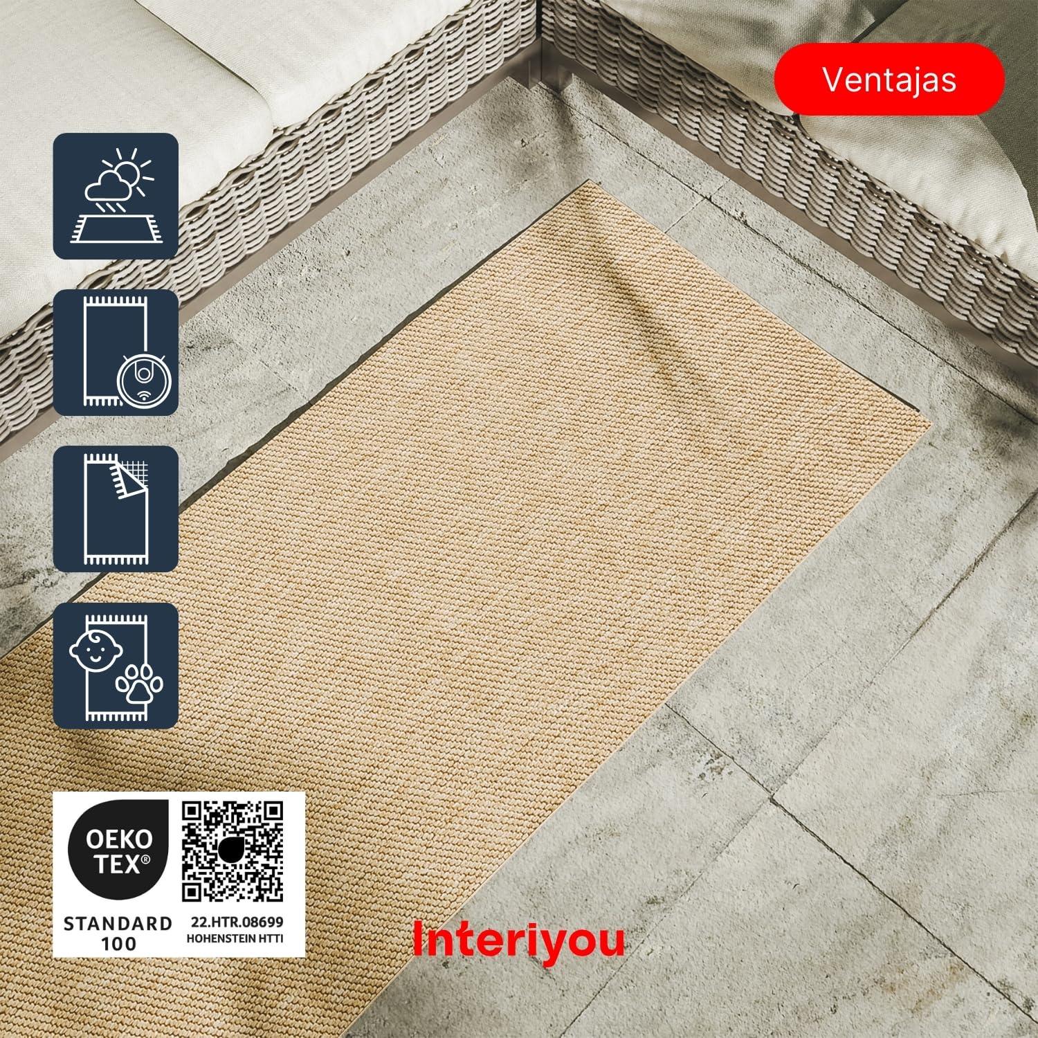 Interiyou Alfombra Exterior Asti - Pasillo 80x300 cm Beige - Apariencia de Yute - Resistente a los Rayos UV para Exteriores: balcón, terraza, jardín o Cocina - Tejido Plano