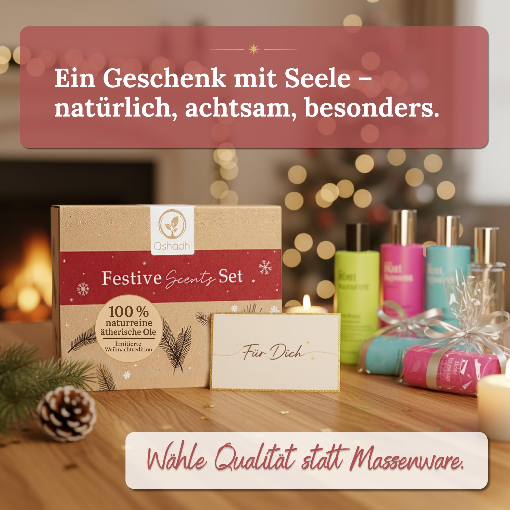 OSHADHI Festive Scents Geschenkset - Raumspray 30 ml - Duftöl 5 ml - Körper Öl 30 ml - Geschenkset Frauen & Männer - Geschenke für Weihnachten - Spa Aromatherapie Set - Naturreine Inhaltsstoffe