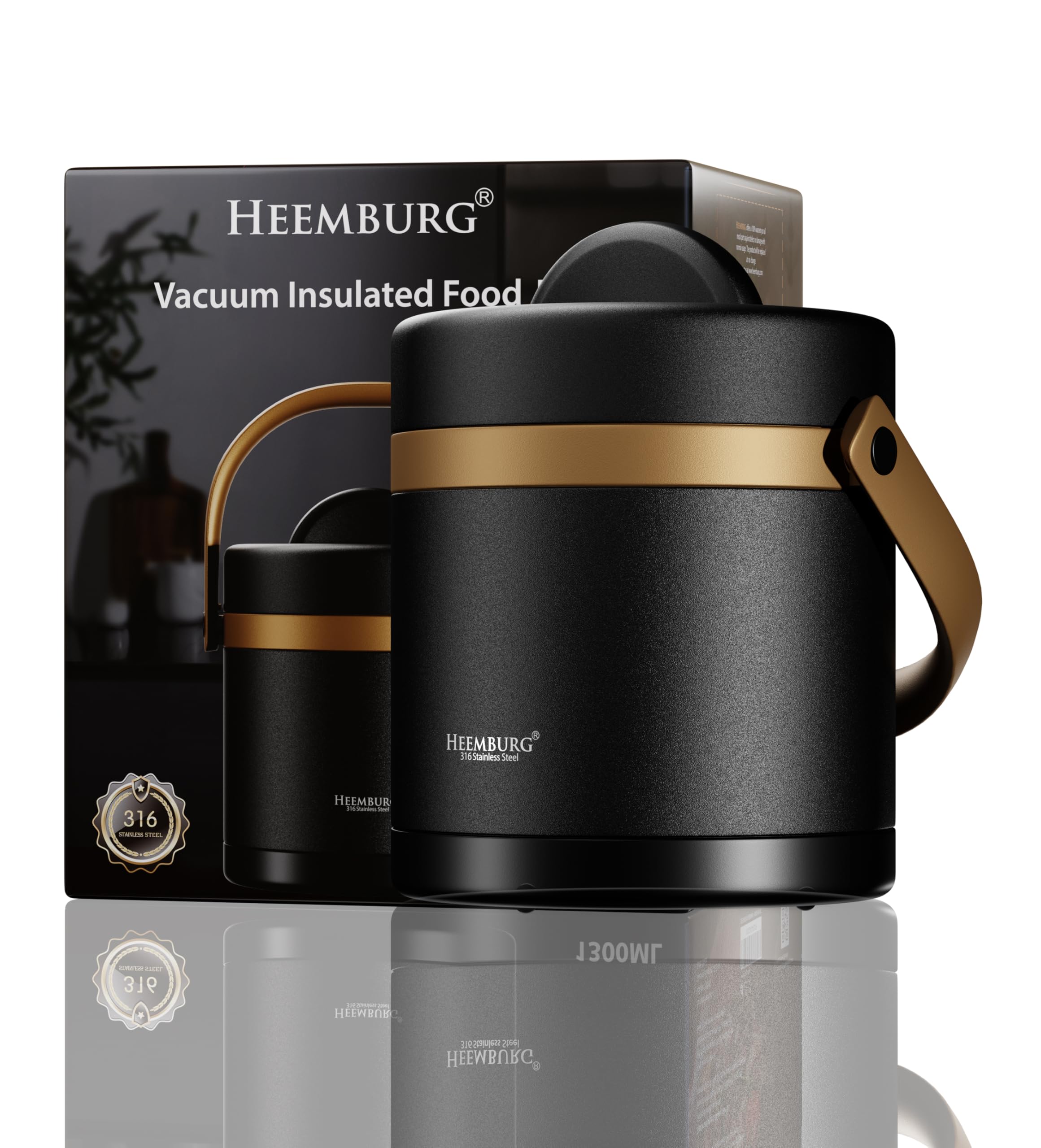 HEEMBURG Fiambrera térmica de acero inoxidable, recipiente aislado para platos calientes, comidas, sopa, fruta, para oficina y exterior, vaso de alimentos (negro, 1300 ml)