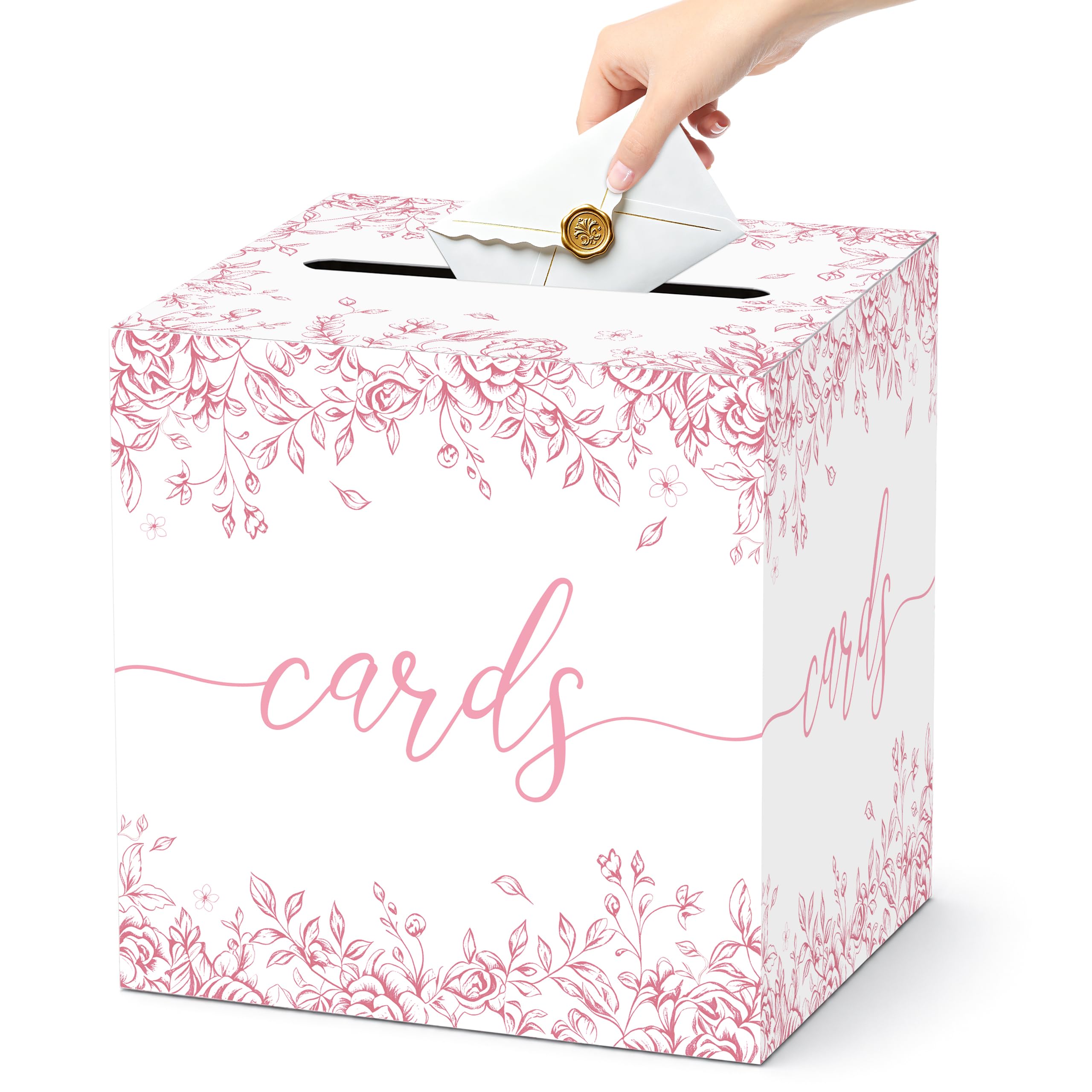 Pink Floral Wedding Card Box with Slot for Baby Shower and Birthday