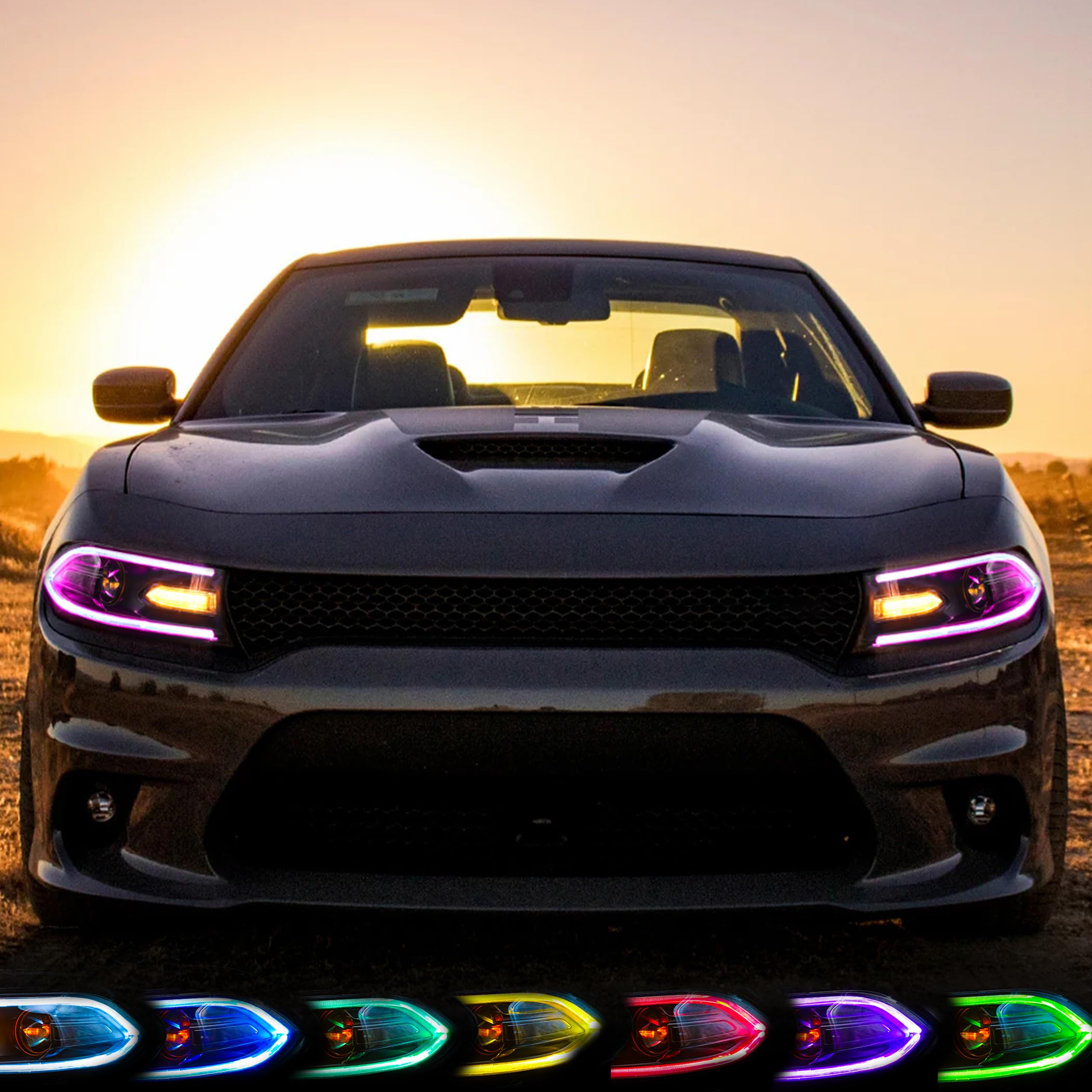 VLAND Reflektory LED dla Dodge Charger 2015 2016 2017 2018 2019 DRL z podwójną soczewką Zestaw czołowej lampy czołowej (RGB)