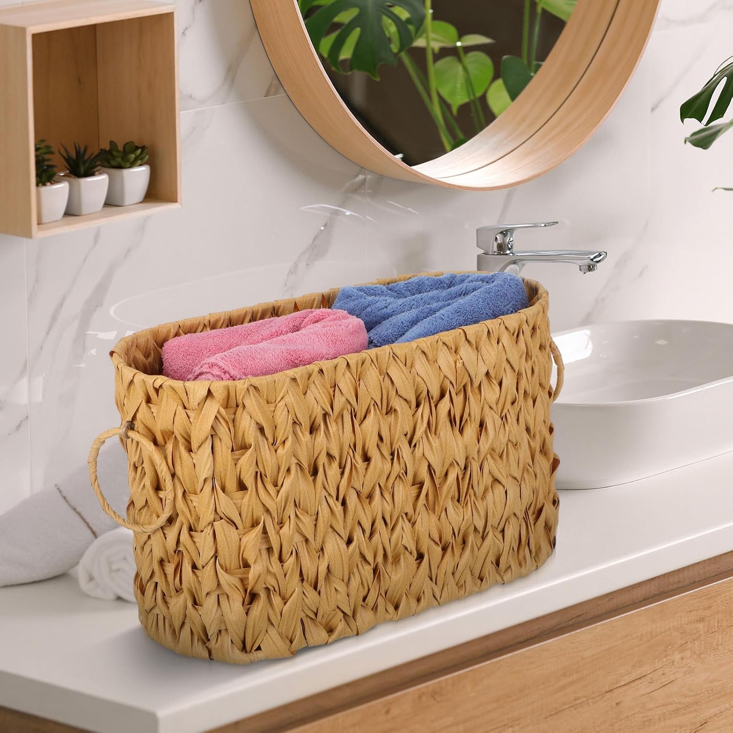 HOMSFOU Toilet Paper Storage Basket with Handle, Simulated Rattan Woven Organizer for Bathroom Toilet Roll Tubes, Linen Color Bathroom Storage Container for Home and Rv Use