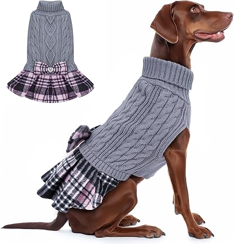 KYEESE Vestido de suéter para perros con corbatín, suéteres de perro a cuadros de búfalo para perros grandes, suéteres cálidos para mascotas,
