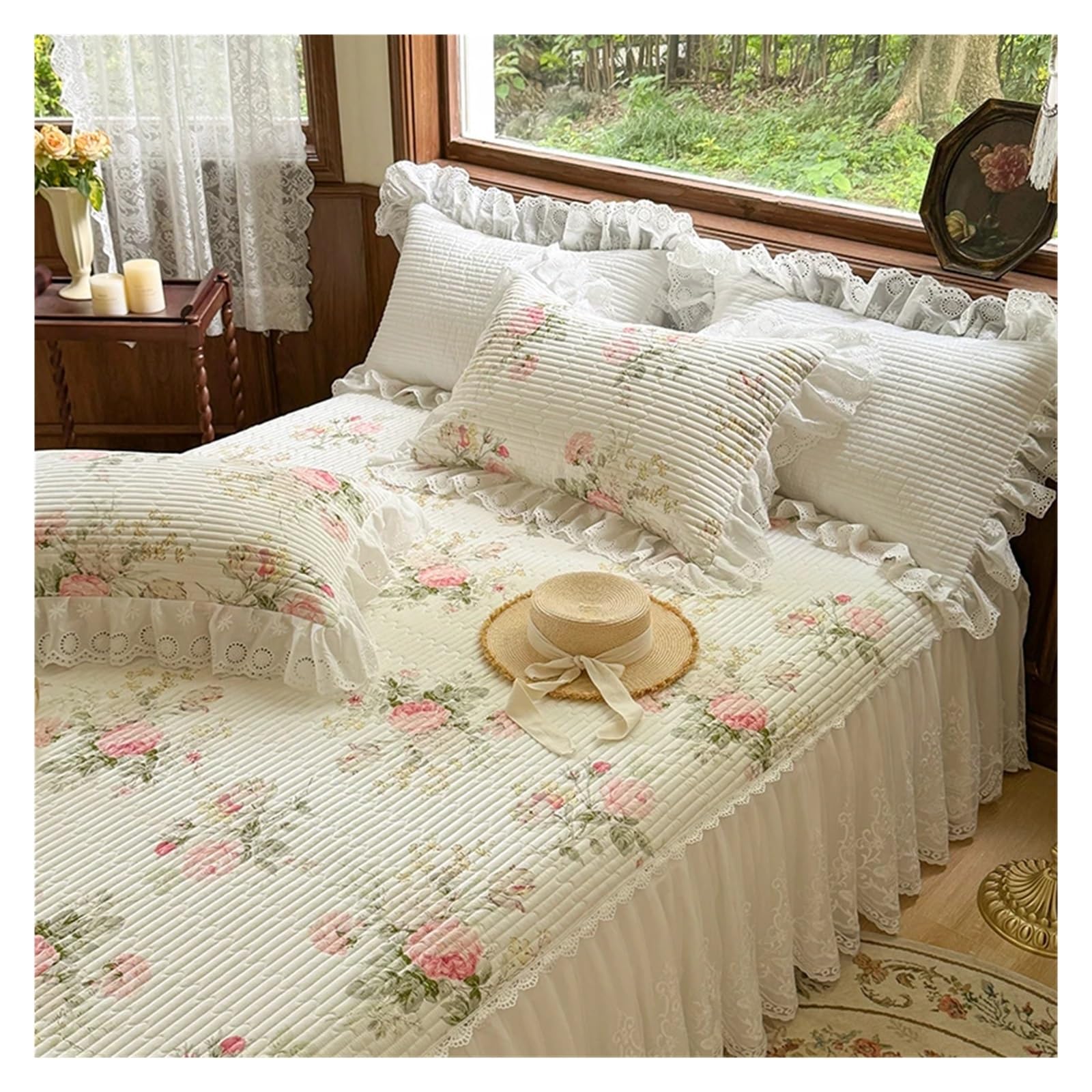 3Pcs Lace Ruffles Quilted Skirt, Mattress Cover Sheet, With Pillowcases, Suitable For 1.2M/1.5/1.8/2M Bed(7,180X220cm 3pcs)
