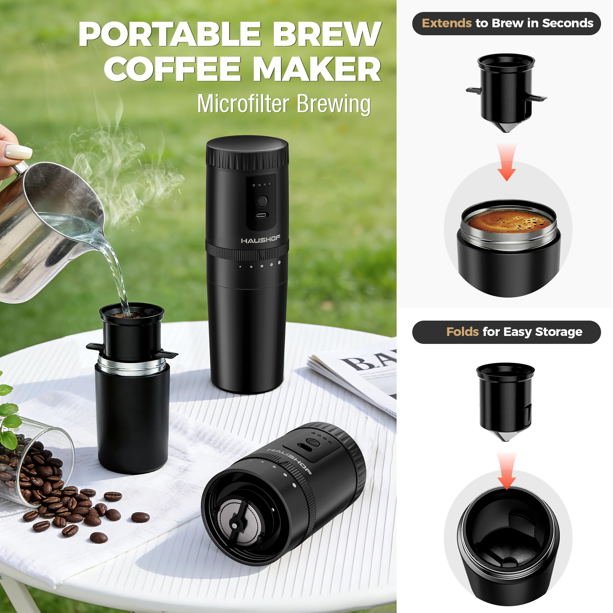 HAUSHOF Przenośny ekspres do kawy All-In-One z wbudowanym młynkiem, 5 ustawień mielenia, ładowany przez USB-C, izolowany kubek 300 ml, idealny do podróży i campingu, czarny