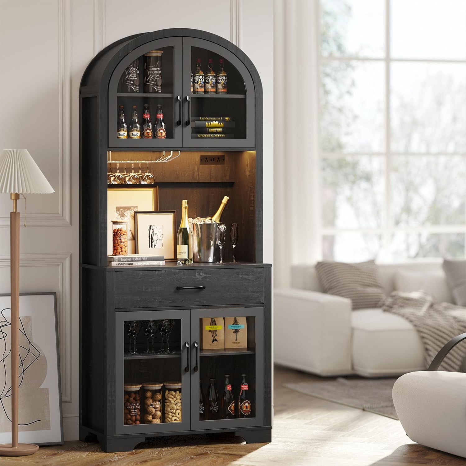 71" Tall Arched Pantry Cabinet with Charging Station & LED Light, Kitchen Pantry Cabinet with Microwave Stand, Drawers and Adjustable Shelf, Coffee Bar Liquor Cabinet for Dining Room