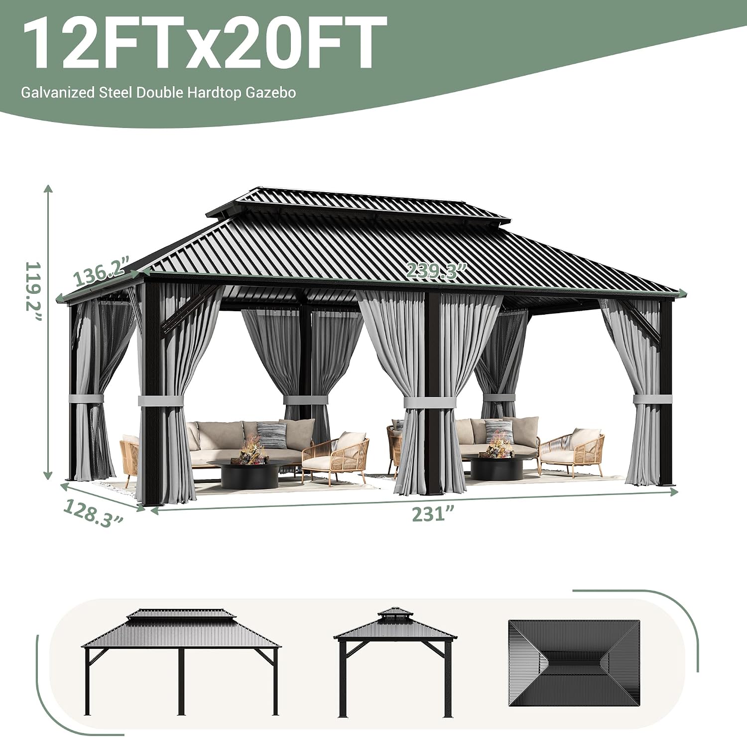AirWire 12x20 FT Gray Hardtop Gazebo with dimensions