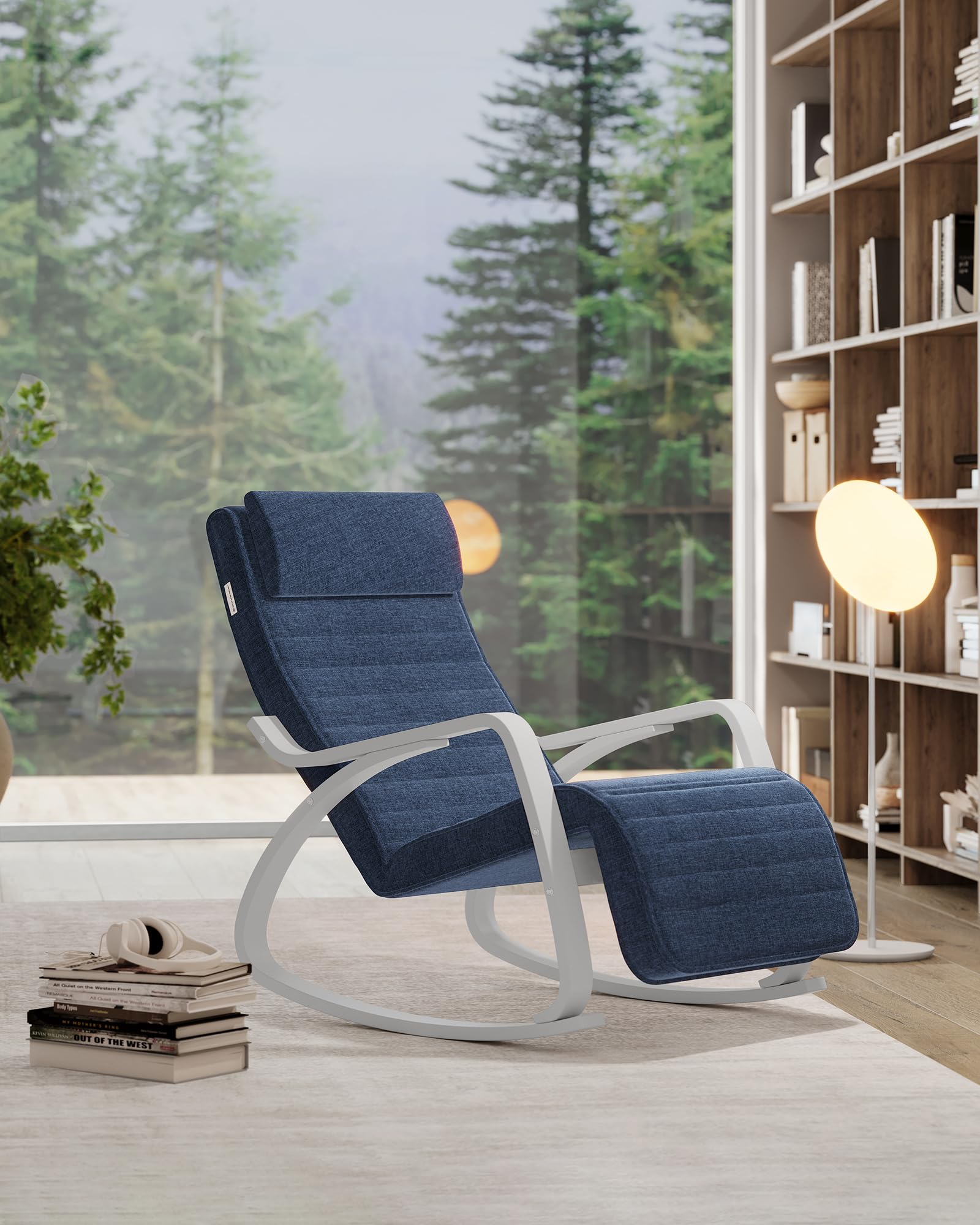 SONGMICS Fauteuil à Bascule, avec Accoudoirs en Bois, Chaise d’Allaitement, Repose-Pieds Réglable en 5 Positions, Capacité 150 kg, pour Chambre, Salon, Bleu Minuit et Blanc LYY011Q01