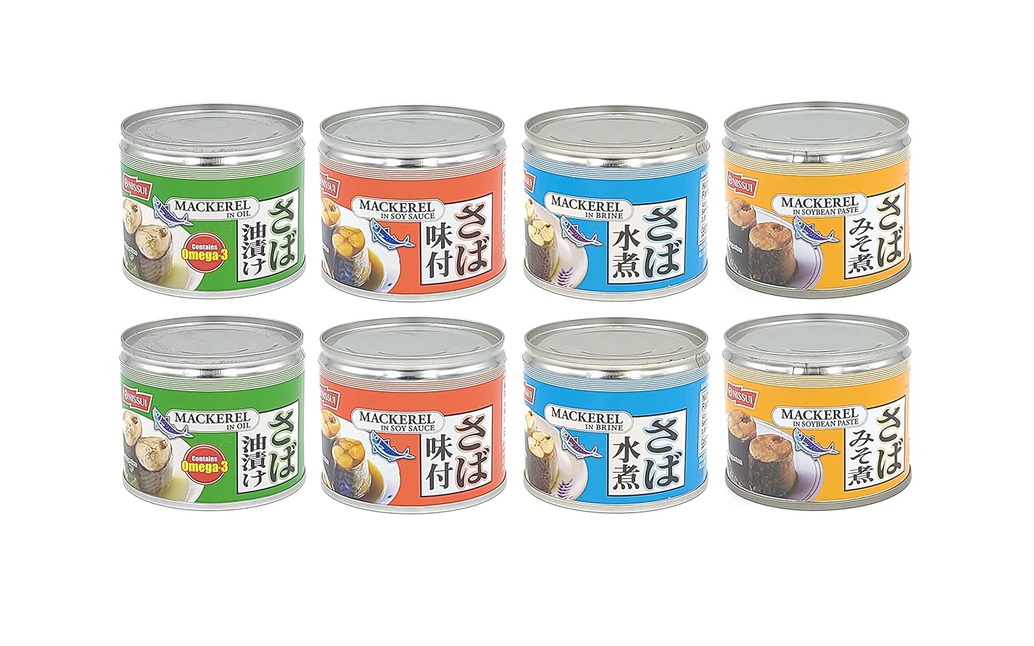 Nissui Canned Mackerel 4 Flavor Variety Pack - Soy Sauce, Soybean Paste, Brine, Oil - 6.52 Oz (185g) Each (8-Pack (Oil))