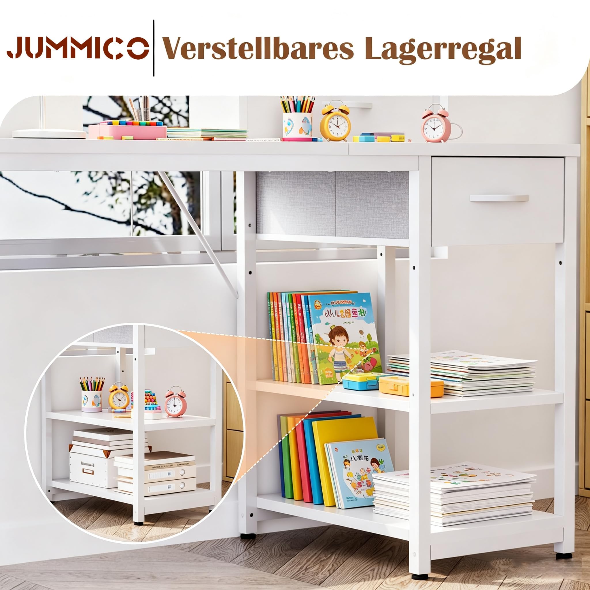JUMMICO Petit Bureau d'Étudiant avec Tiroirs et Étagère, 120x50cm, Blanc