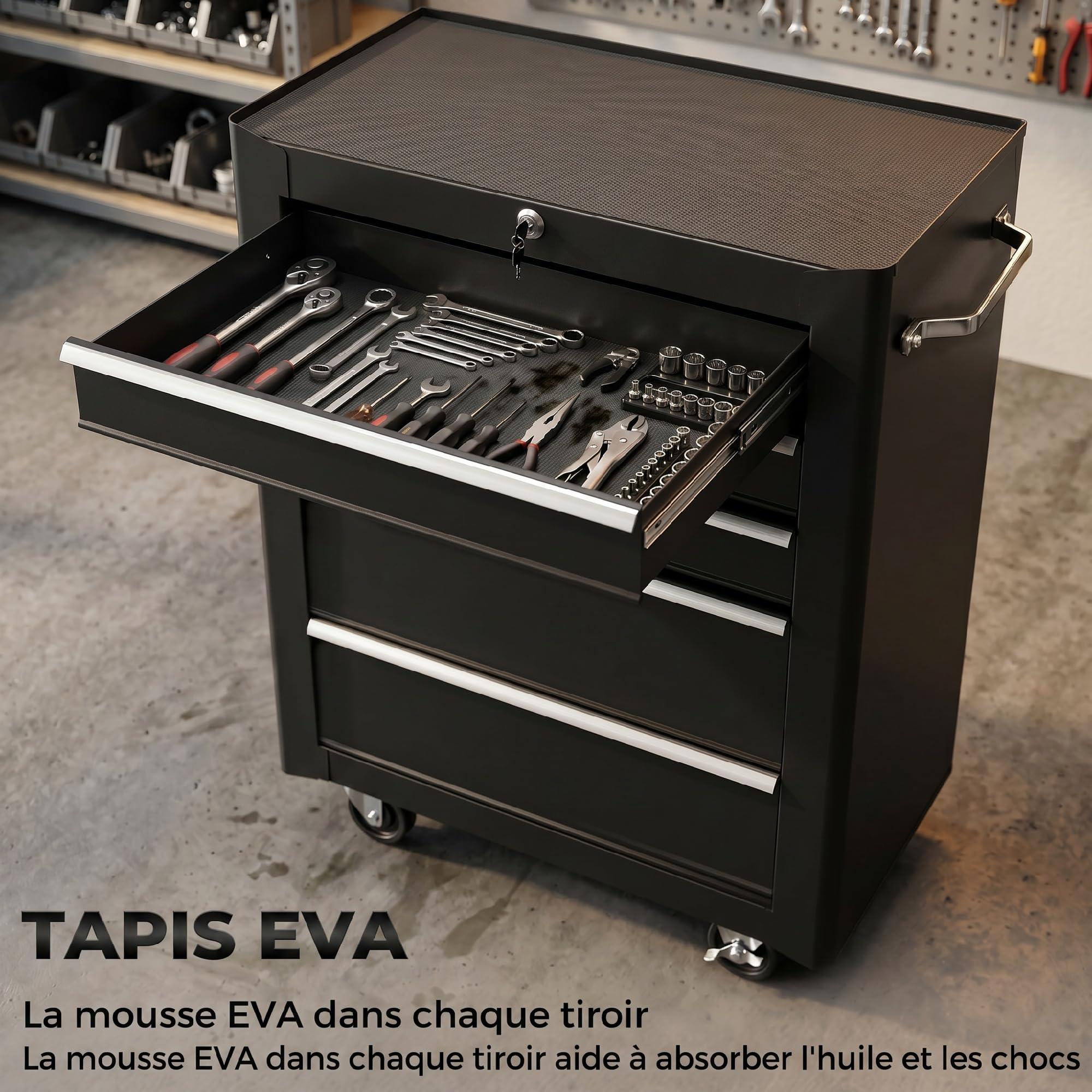 HOMCOM Servante d'Atelier Vide en Acier 5 Tiroirs sur Roulettes Noir | Chariot à Outils, Verrouillable 2 Clés, Tapis EVA Antidérapant, Caisse à Outils Pour Atelier, Garage