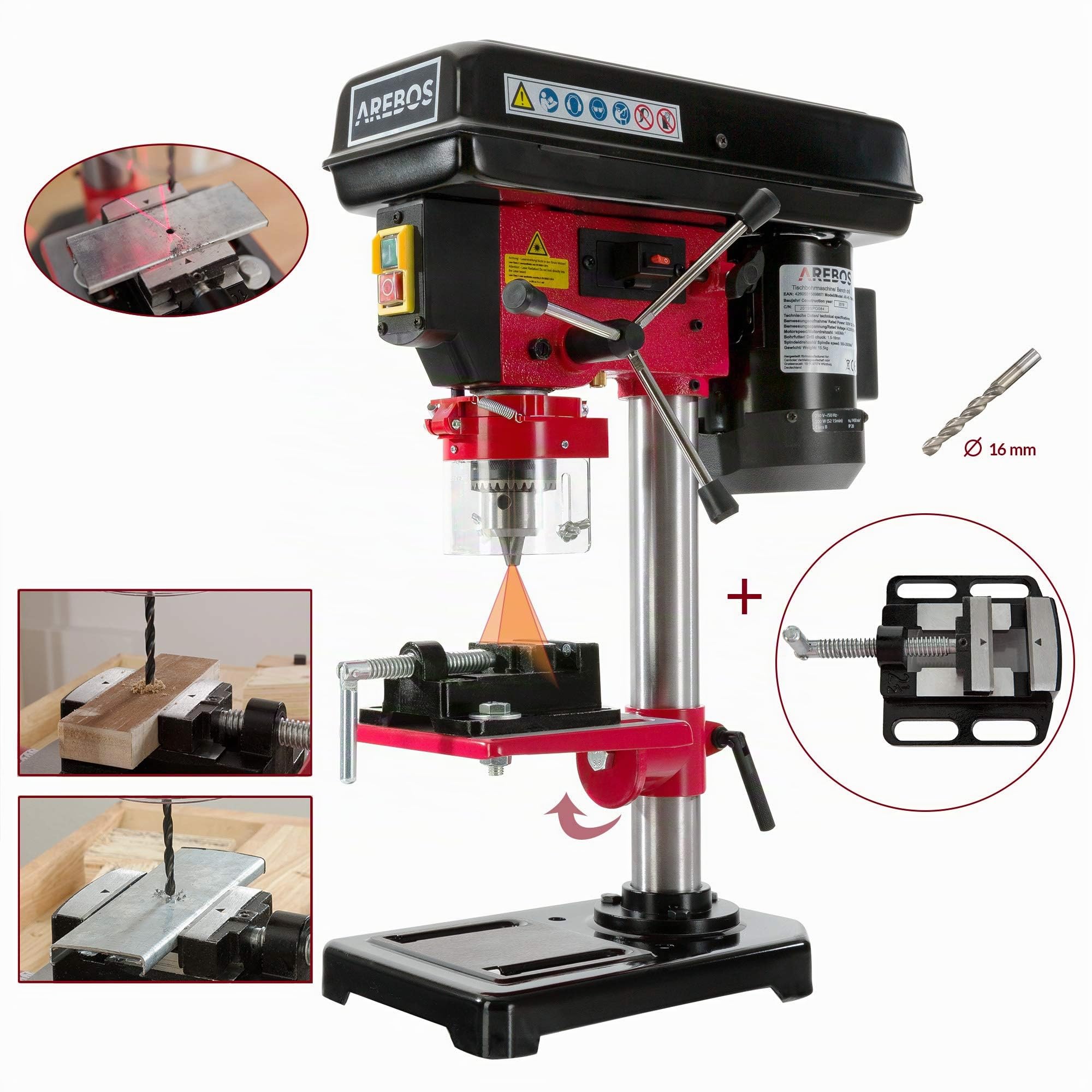 Arebos Perceuse à colonne 500 W | Avec système d'alignement laser | Réglage de table : 45 degrés – 0 – 45 degrés | 5 Vitesses différentes | Plage de Serrage: 1,5-13 mm