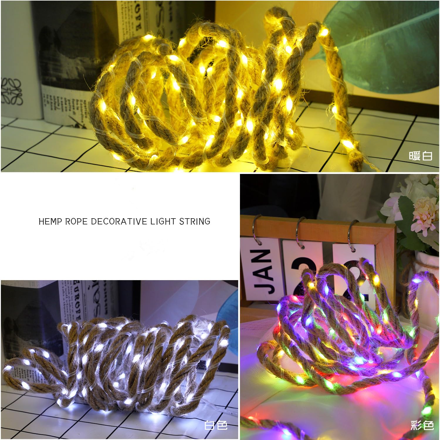 Luci della corda solare, LED giardino decorativo naturale corda di canapa corda luce fata impermeabile giardino all'aperto decorazione per gazebo, Natale, campeggio (Bianco caldo, 10m 200 LED)