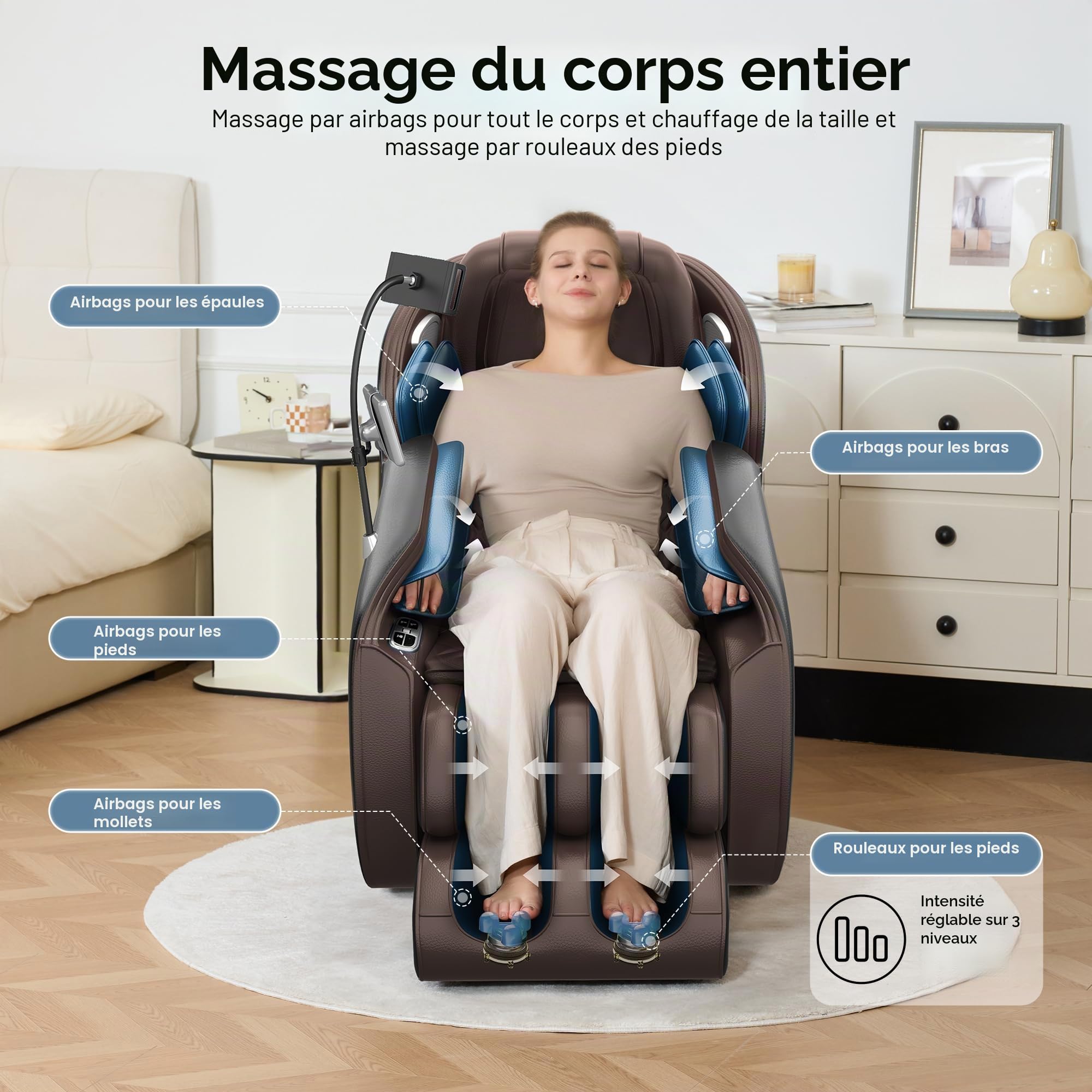 Real Relax Fauteuil de Massage SL-Track Zero Gravity Complet du Corps, Fauteuil de Massage Shiatsu inclinable avec Technologie Heat Body Scan Bluetooth, Favor-06 Marron et Noir