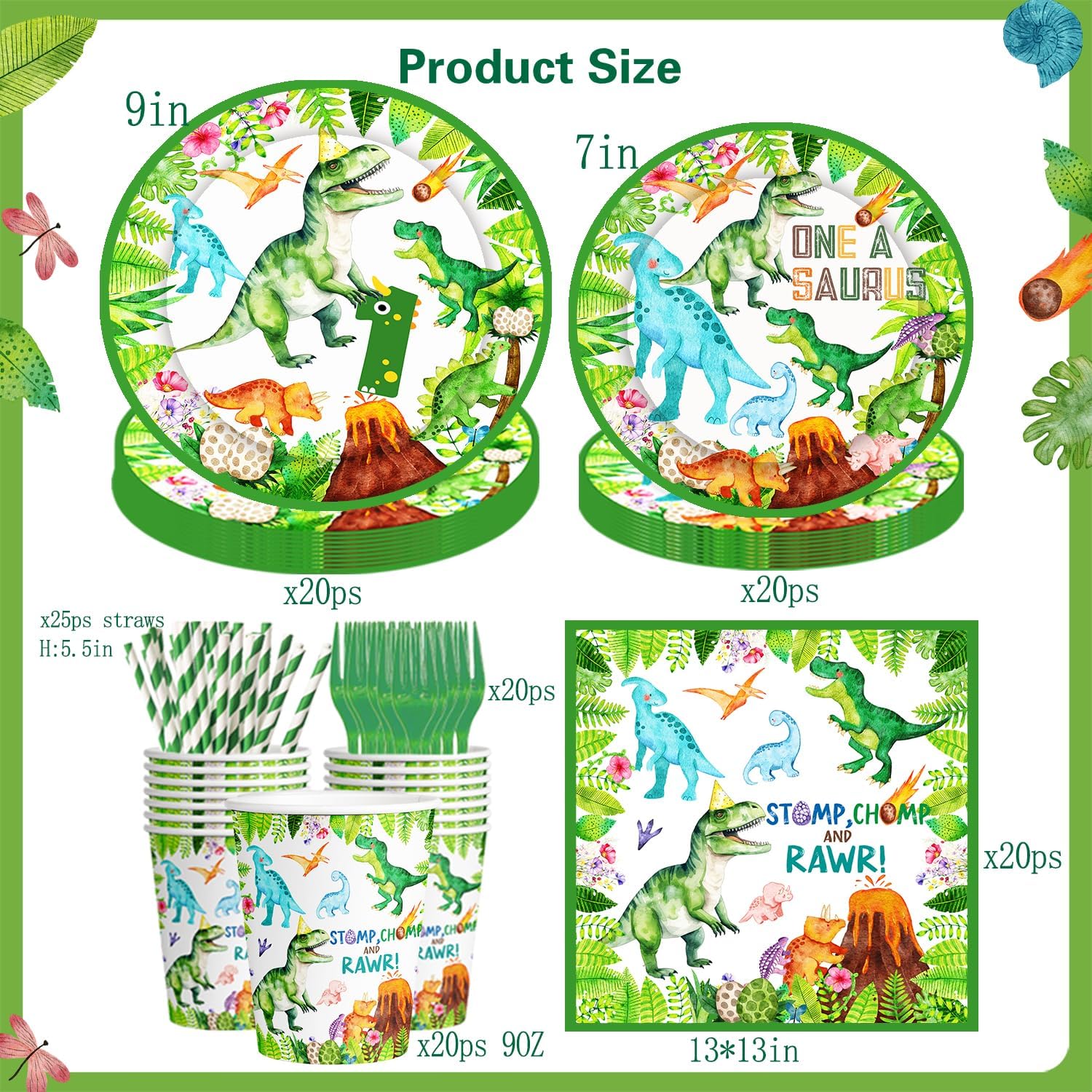 Dinosaur Birthday Party Supplies Boy Dinosaur 1st Bday One a Saurus Birthday Decorations include Balloon Garland Balloon Box Highchair Banner Photo Banner Crown Backdrop Plates Napkins Tablecloth