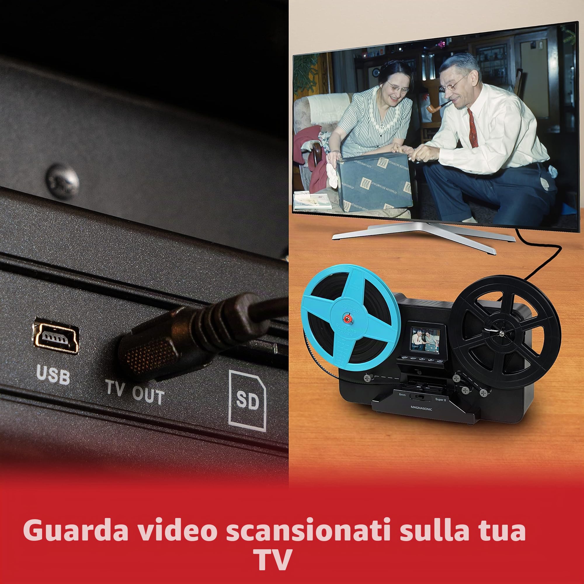 Magnasonic Super 8/8mm Film Scanner, converte la pellicola in video digitale, schermo vibrante da 2,3", digitalizza e visualizza 3", 5" e 7" Super 8/8mm (FS81)