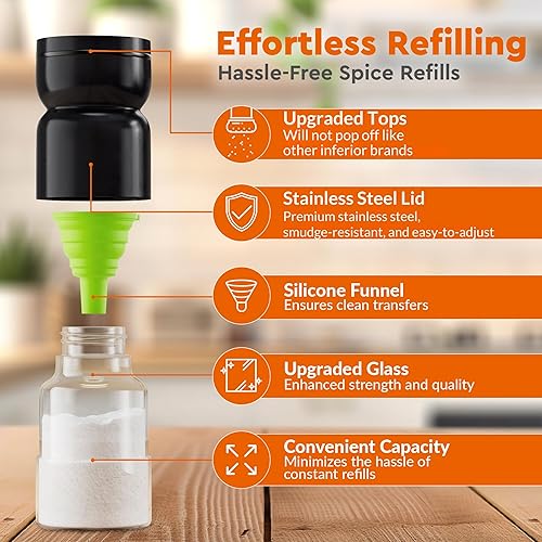 Miniatura 25 de HOME EC Juego de saleros y pimenteros originales con agujeros de vertido ajustables, salero y pimentero de vidrio y acero inoxidable, dispensador