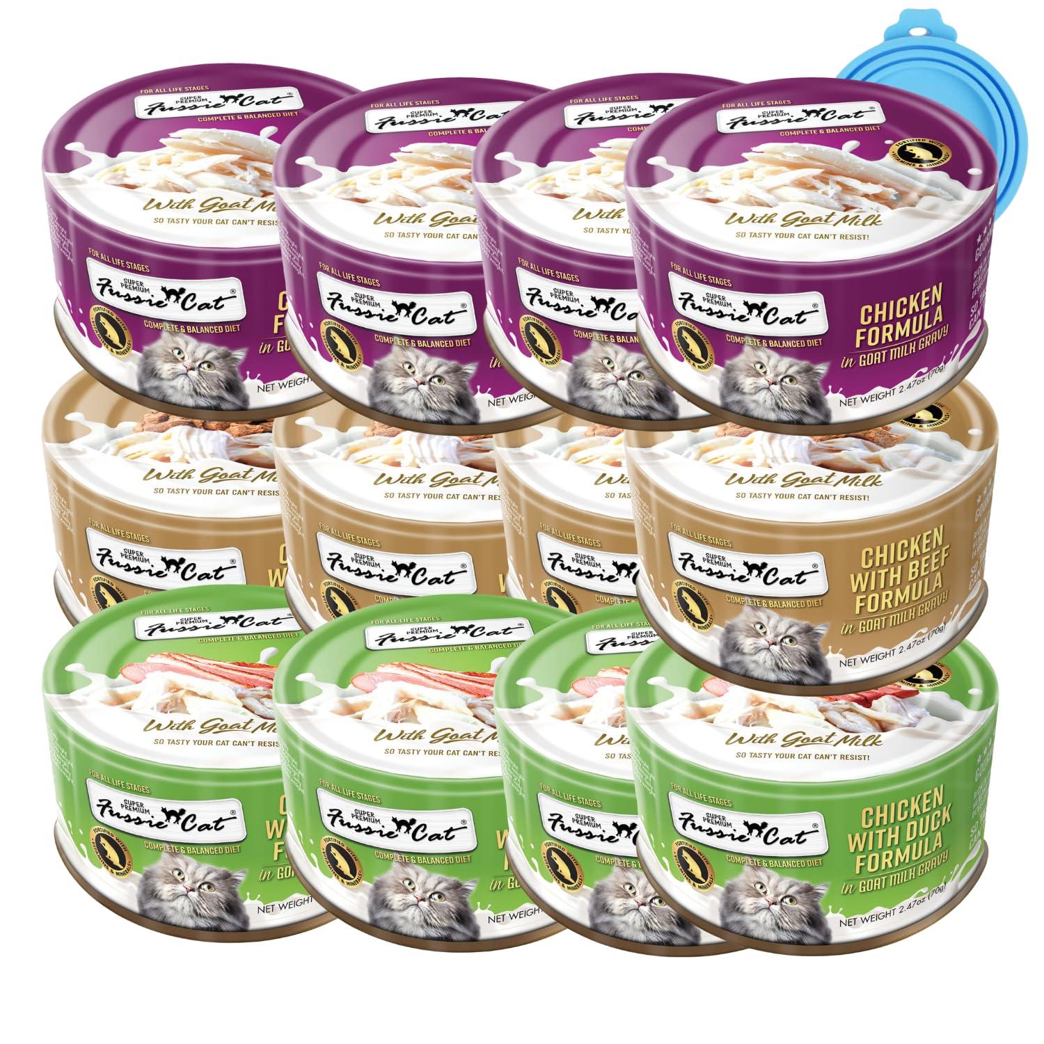 Fussie Cat Wet Canned Cat Food in Goat Milk,Variety Pack of Flavors, 2.47-oz cans,and Can Cover- Pack of 12, 3 Flavor Pack