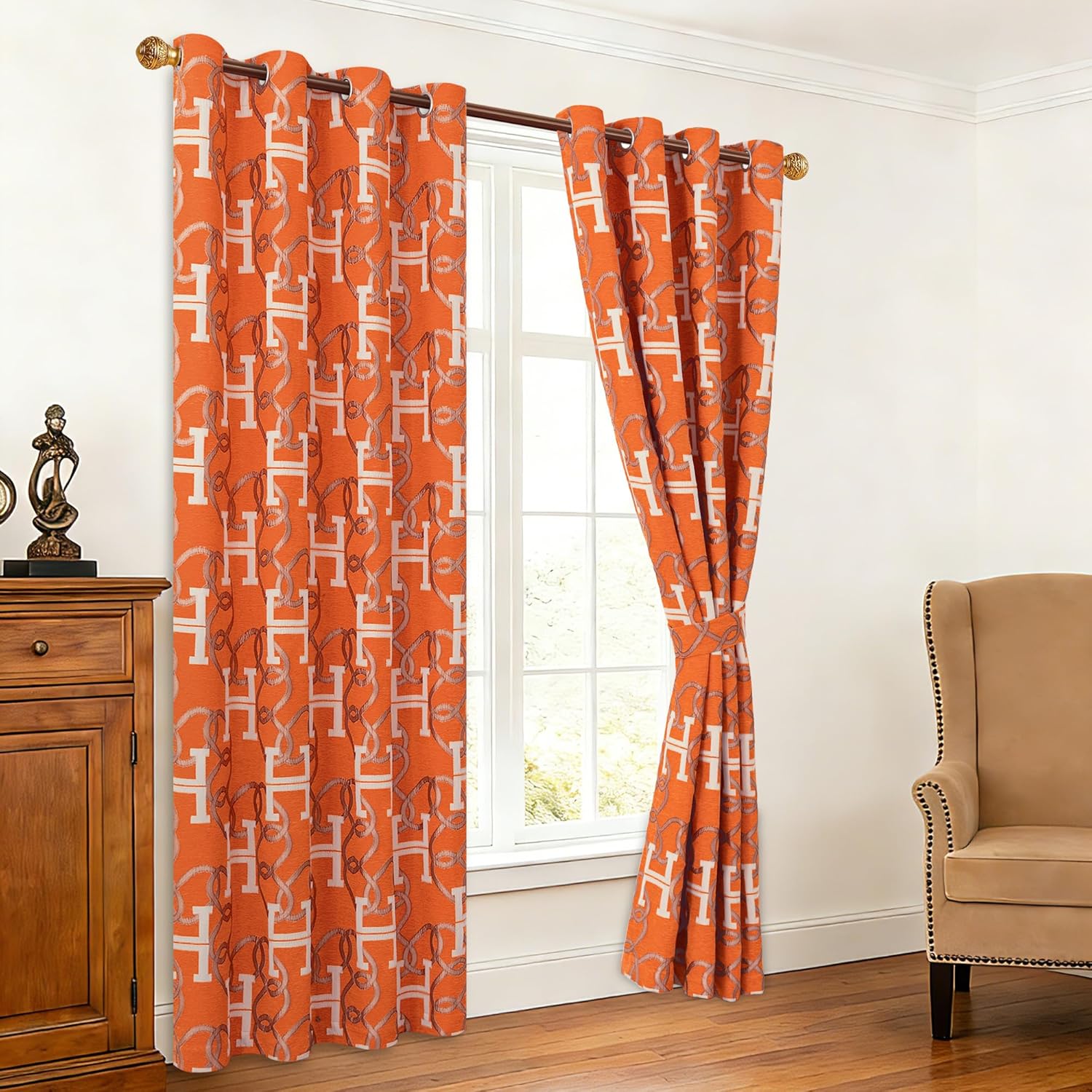 Modern Letter H Blackout Curtains for Living Room, Luxury Chain Pattern Chenille Jacquard Window Curtain 84 inch Long with Tiebacks, Lined Grommet Curtains for Bedroom 2 Panels(52x84, Orange)
