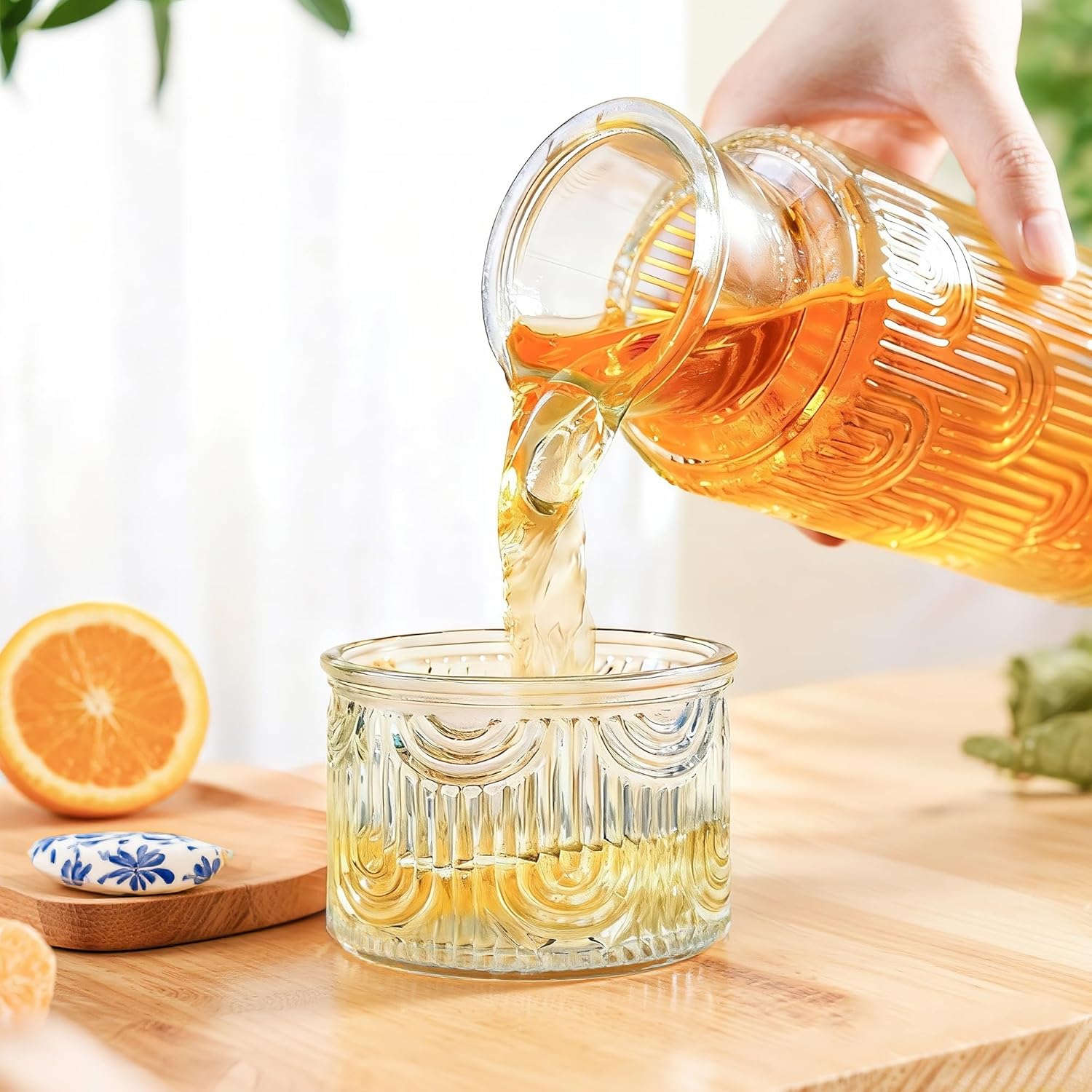 kanpura Bedside Water Carafe and Glass Set Mouthwash Dispenser for Bathroom 28.5 OZ Glass Pitcher & 6.5 OZ Cup Vintage Bedside Water Pitcher for Nightstand, Kitchen (Clear) - Image 2