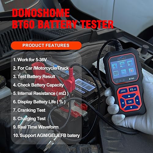 Miniatura 7 de DonosHome Probador de batería 5-36V 100-3000 CCA Probador de batería de coche Probador de batería de coche AGM de gel de litio para alternador de