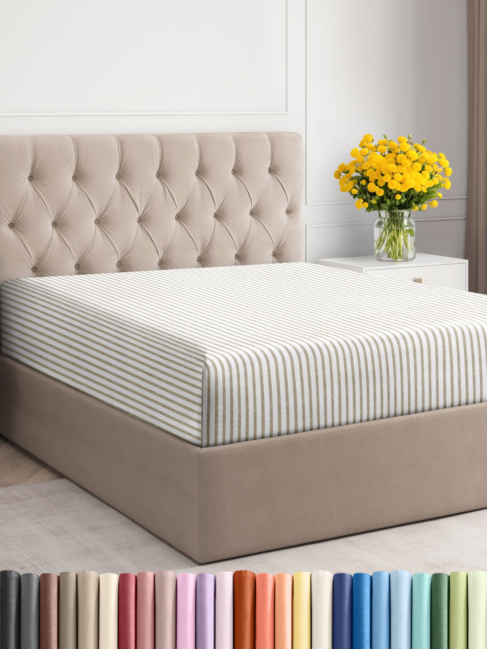 Twin Fitted Sheet - Single Fitted Sheet Only - Deep Pockets - Beige Stripes