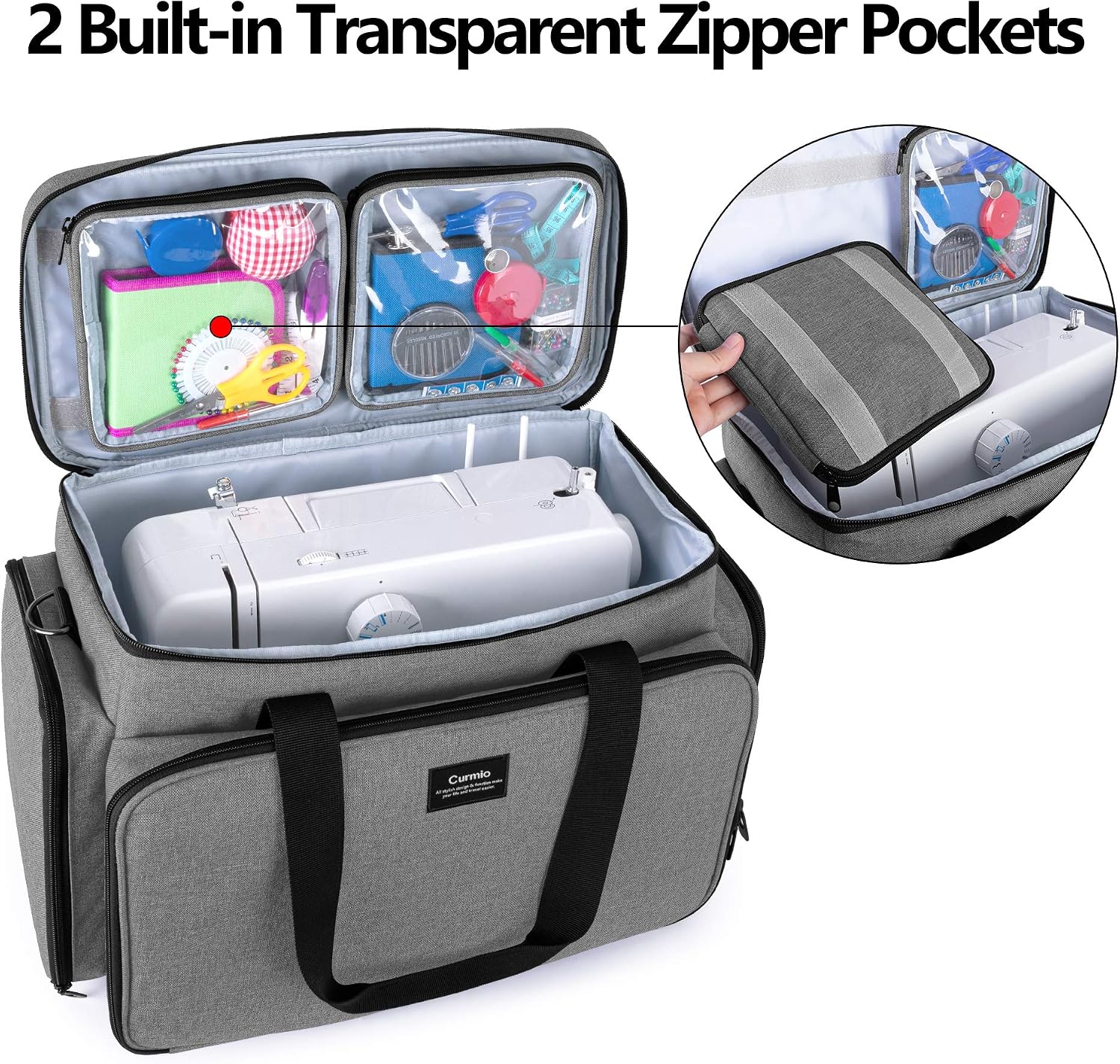 CURMIO Sewing Machine Carrying Case for Most Standard Sewing Machine, Universal Travel Tote Bag with 2 Removable Transparent Zipper Pouches for Sewing Supplies, Gray (Patented Design)