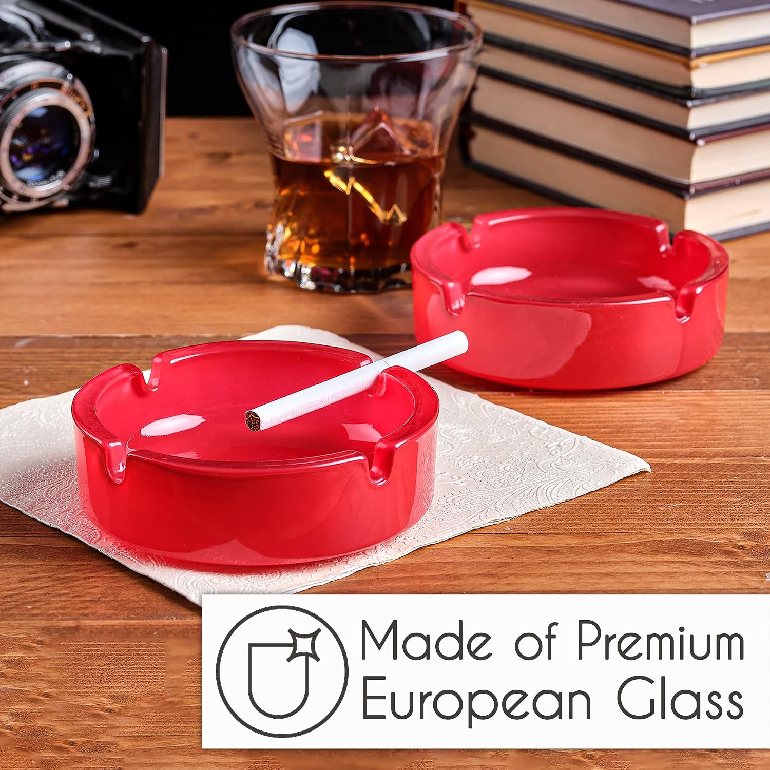 Crystalia Glass Ashtrays for Cigarettes, Cigar Ash Tray Set for Outdoor Indoor Home Tabletop Patio Office or Restaurants, Round Cute Ash Holder, Luxury Gift for Men & Women, Set of 2 (Red)