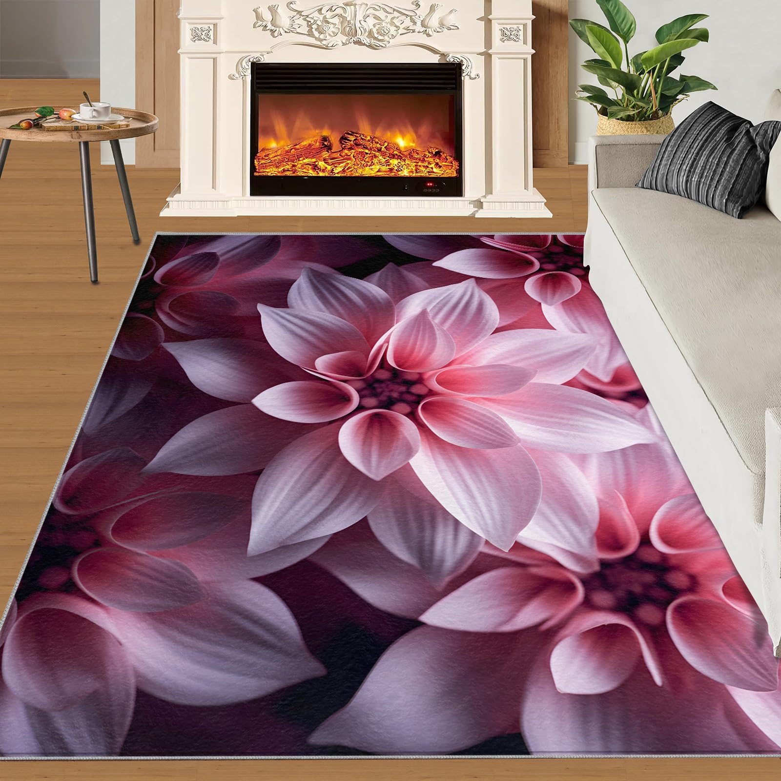 SANSJI Dahlia Rugs for Girls Bedroom 170x240 cm, Non-Slip Washable Blossom Pastel Design Area Rug for Women, Soft Low-Pile Pink Flower Carpet, Romantic Woman Style