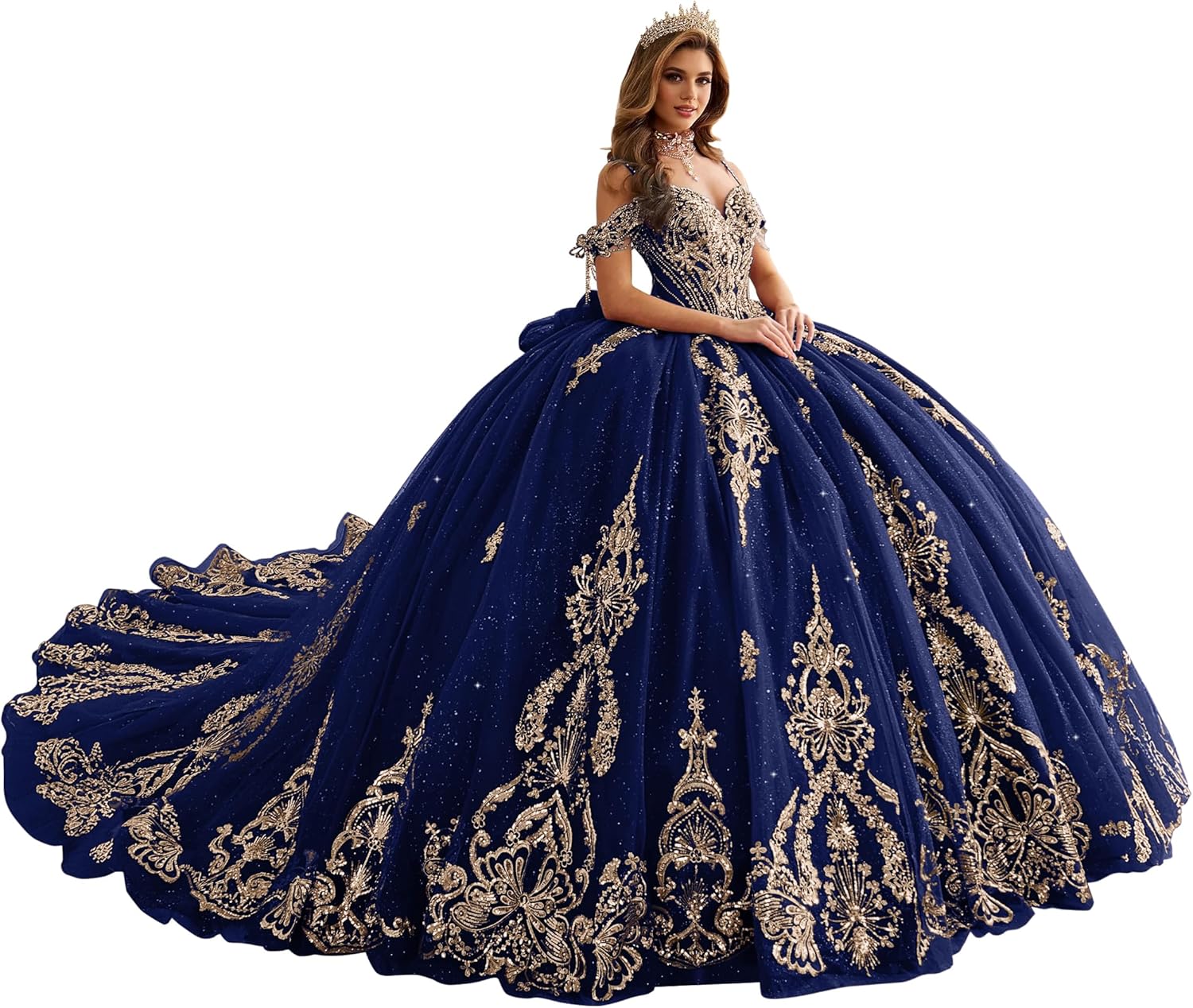 Sparkly Tulle Quinceanera Dresses with Tassel Gold Appliques Sweet 16 Dresses Cold Shoulder Vestidos de 15 años