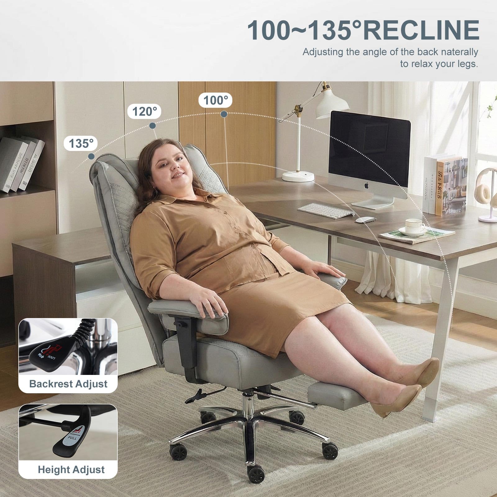 EXCEBET Big and Tall Office Chair 400lbs Wide Seat, Leather High Back Executive Office Chair with Foot Rest, Ergonomic Chairs Lumbar Support for Lower Back Pain Relief (Light Grey) - 3