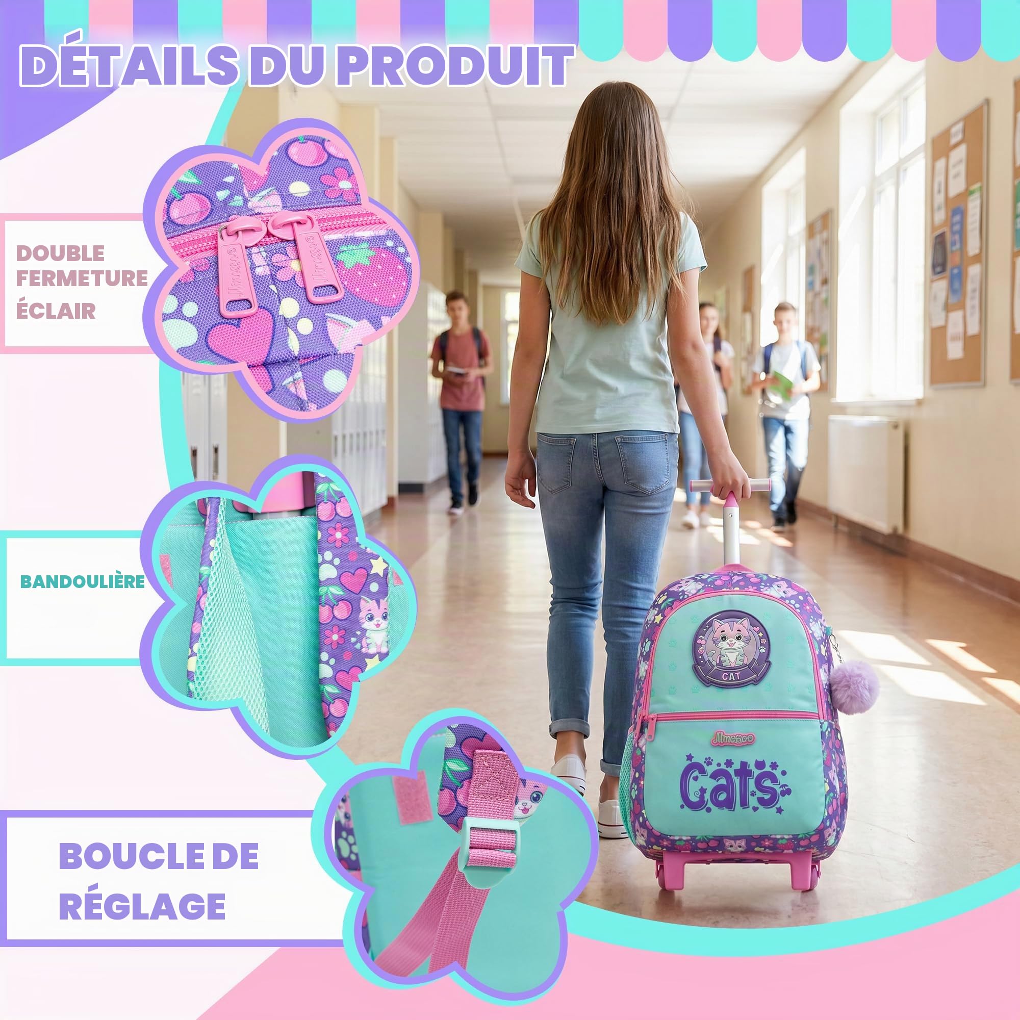 HTgroce Sac à Dos à Roulettes Fille Primaire Chat– Cartable a Roulette Fille – Idéal pour CP CE1 CE2 CM1 CM2