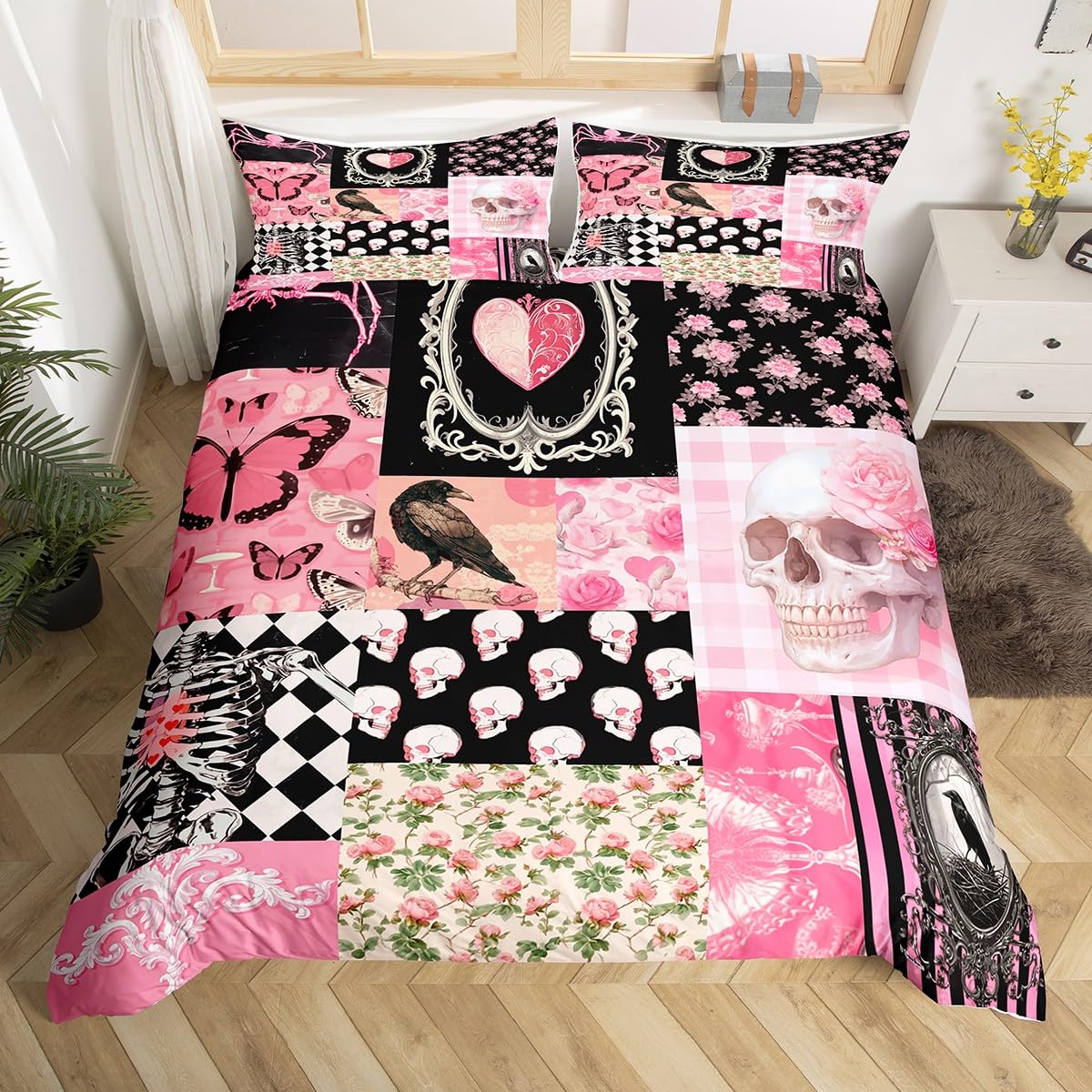 Halloween Crow Duvet Cover Set Queen Size,Suger Skull Rose Flowers Spider Print Bedding Set,Patchwork Pink Black Grid Striped Comforter Cover,Gothic Boho Quilt Cover Kids Girls Teens Halloween Decor