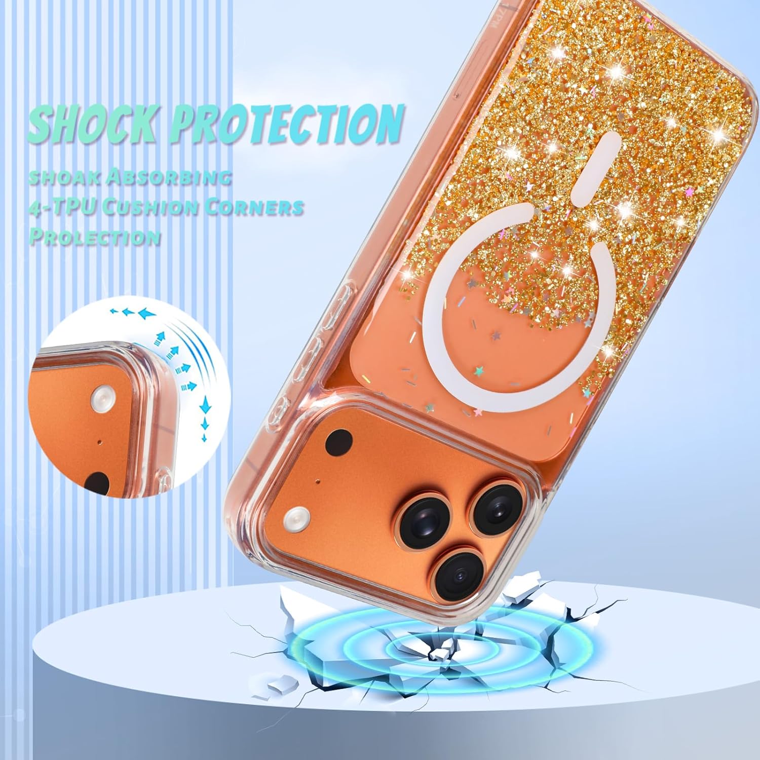 Bonoma for iPhone 17 Pro Max Case 2025 Sparkly Glitter Bling Back, Magnetic Compatible with MagSafe Shockproof, Crystal and Clear High-Duty Protection for Girls Women -Sparkly Gold - Image 3